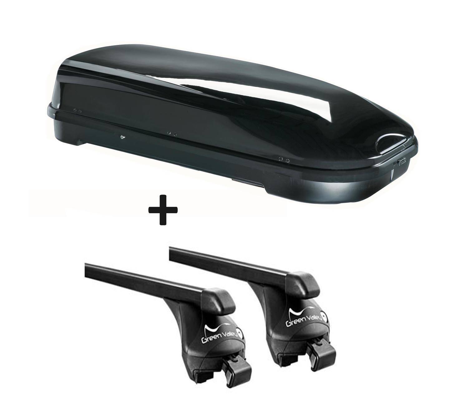 Dachbox VDPFL580 580Ltr schwarz glänzend + Relingträger Quick kompatibel mit für Kia Niro (SUV 5 Türer) ab 2016 aufl. Reling