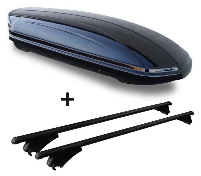 Dachbox schwarz glänzend VDP-MAA 460G Auto Dachkoffer 460 Liter abschließbar + Alu-Relingträger schwarz Dachgepäckträger aufliegende Reling im Se