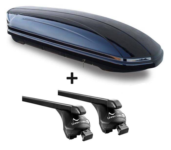 Skibox schwarz glänzend VDP-MAA 460G 460 Liter abschließbar + Relingträger Dachgepäckträger aufliegende Reling im Set kompatibel mit für Peugeot