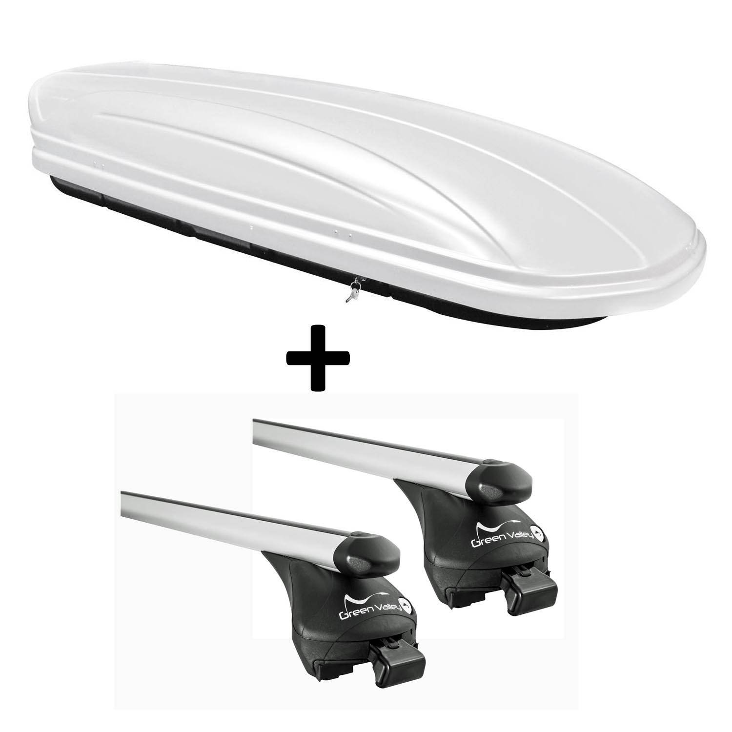 Skibox weiß VDP-MAA 460W 460 Liter abschließbar + Alu-Relingträger Dachgepäckträger Quick aufliegende Reling im Set Alu kompatibel mit für Ford