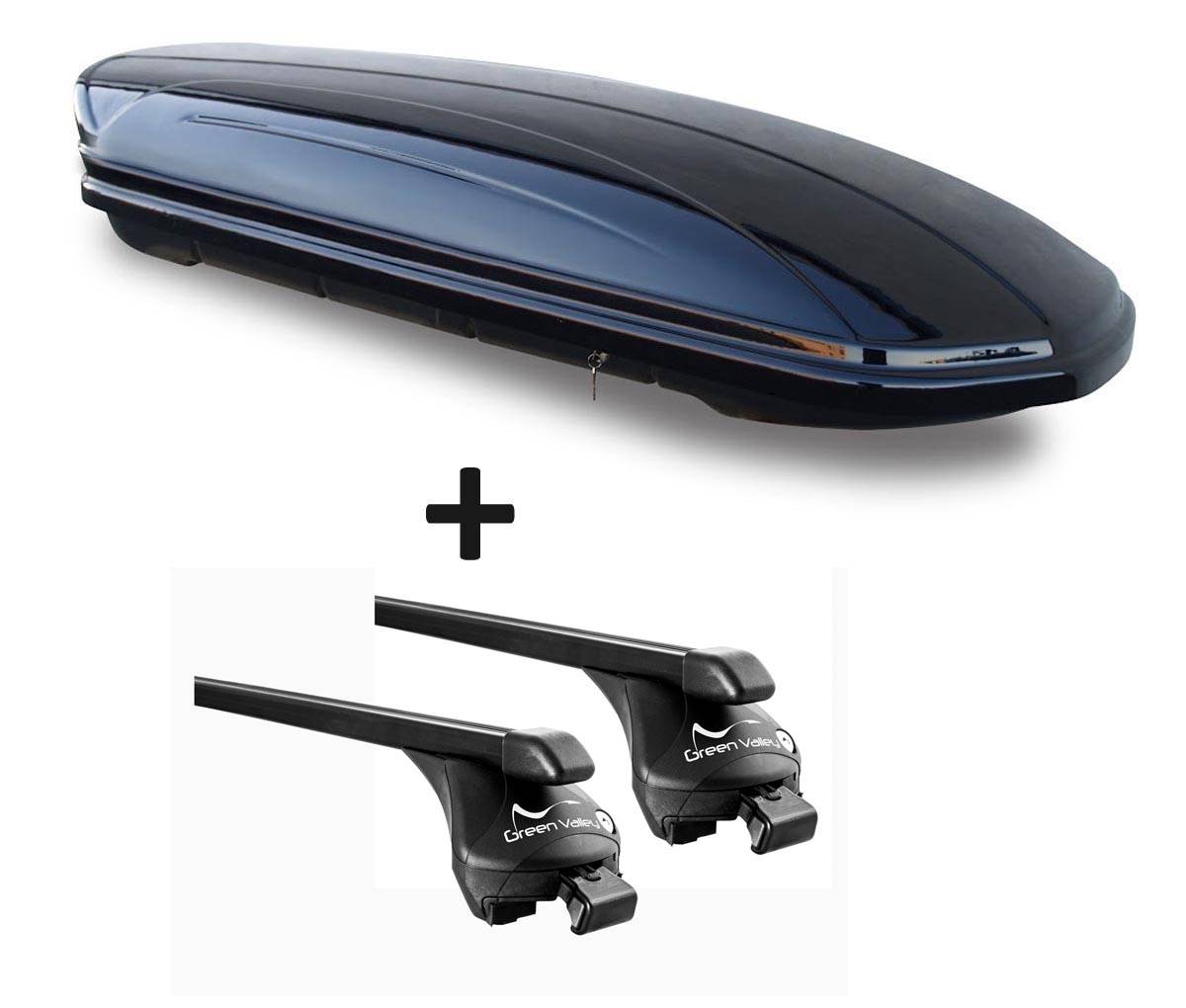 Dachbox schwarz glänzend VDP-MAA 580 Auto Dachkoffer 580 Liter abschließbar + Relingträger Dachgepäckträger offene Reling im Set kompatibel mit f
