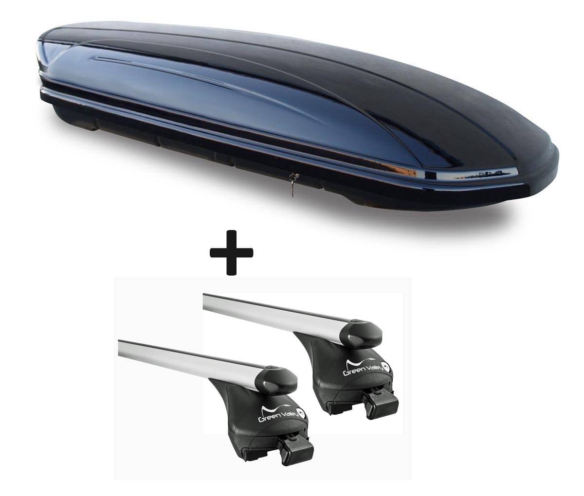 Dachbox VDPMAA580 580Ltr abschließbar schwarz + Relingträger Quick Alu kompatibel mit für Mini Clubman (Kombi 5 Türer) ab 2016 aufl. Reling