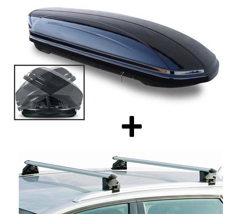 Skibox MAA580D beidseitig aufklappbar + Alu Relingträger VDPCRV107A kompatibel mit für VW Polo Cross 5 Türer ab 2014