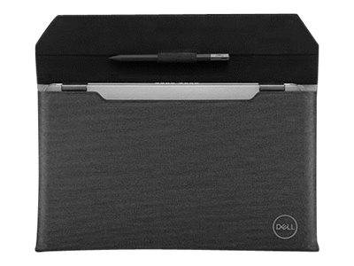 Ein Dell-Laptop mit einer schützenden grauen Schutzhülle, auf dem ein magnetisch befestigter Eingabestift oben angebracht ist.