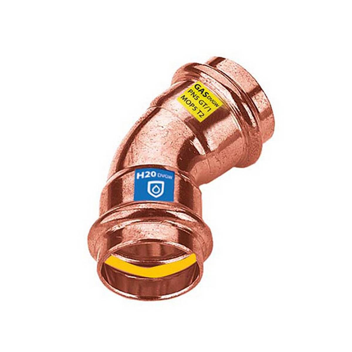 Kupferbogenfitting mit Beschriftungen 'GAS/WN' und 'H2O', gezeigt auf weißem Hintergrund.