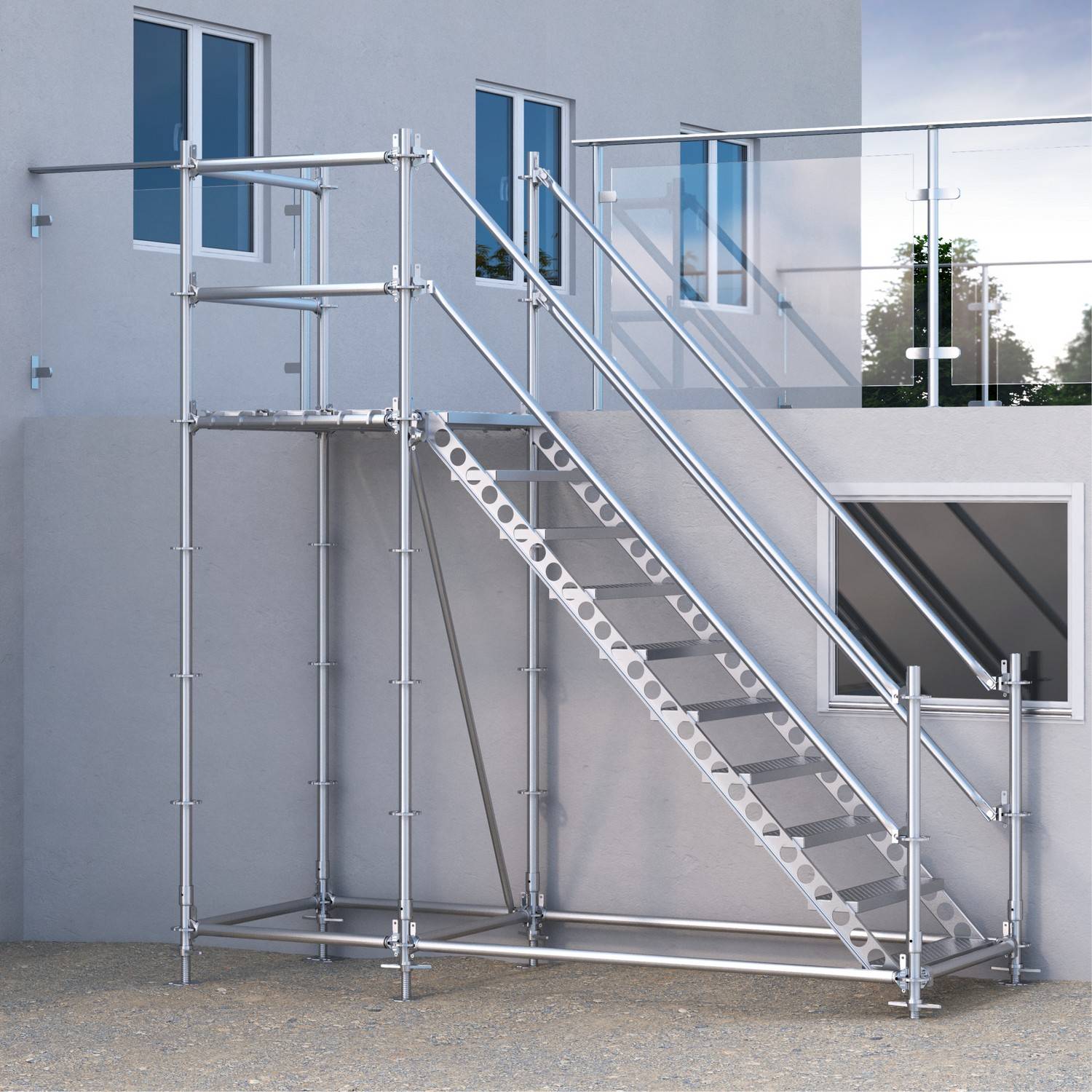 Bautreppe Außentreppe feuerverzinkt für 2 m Höhenunterschied mit Podest