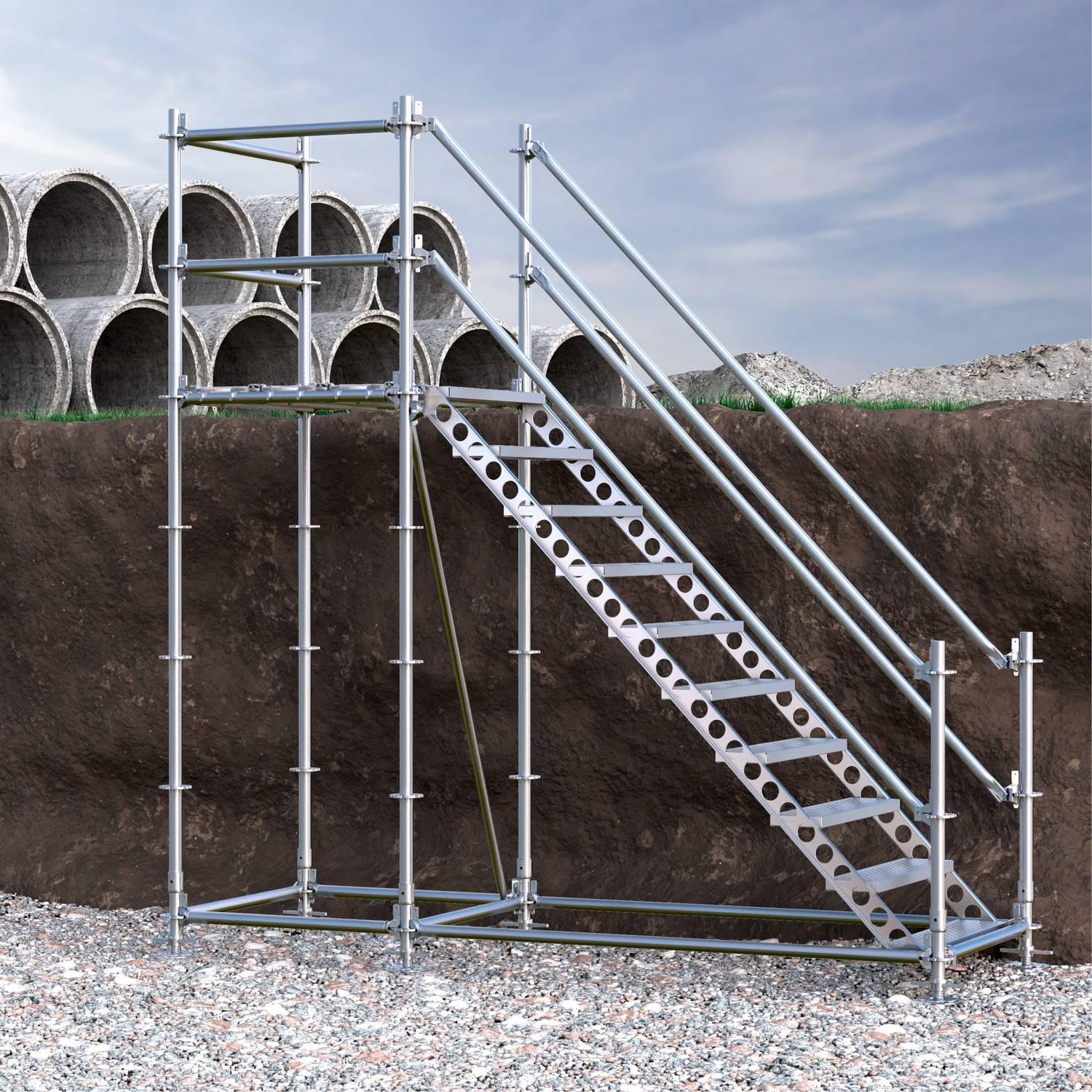 Bautreppe Außentreppe feuerverzinkt für 2 m Höhenunterschied mit Podest