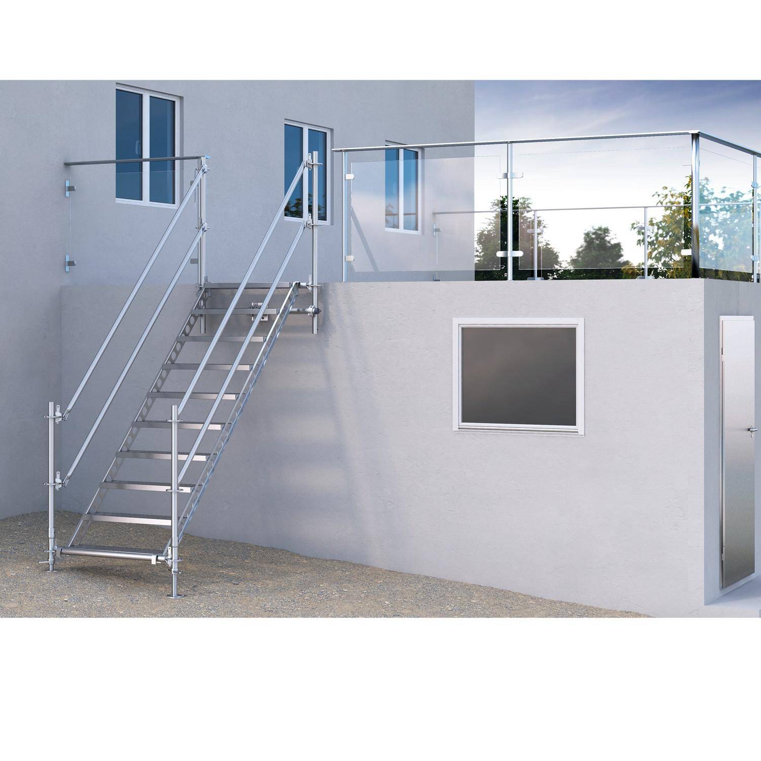 Bautreppe Außentreppe feuerverzinkt für 2 m Höhenunterschied mit Wandbefestigung