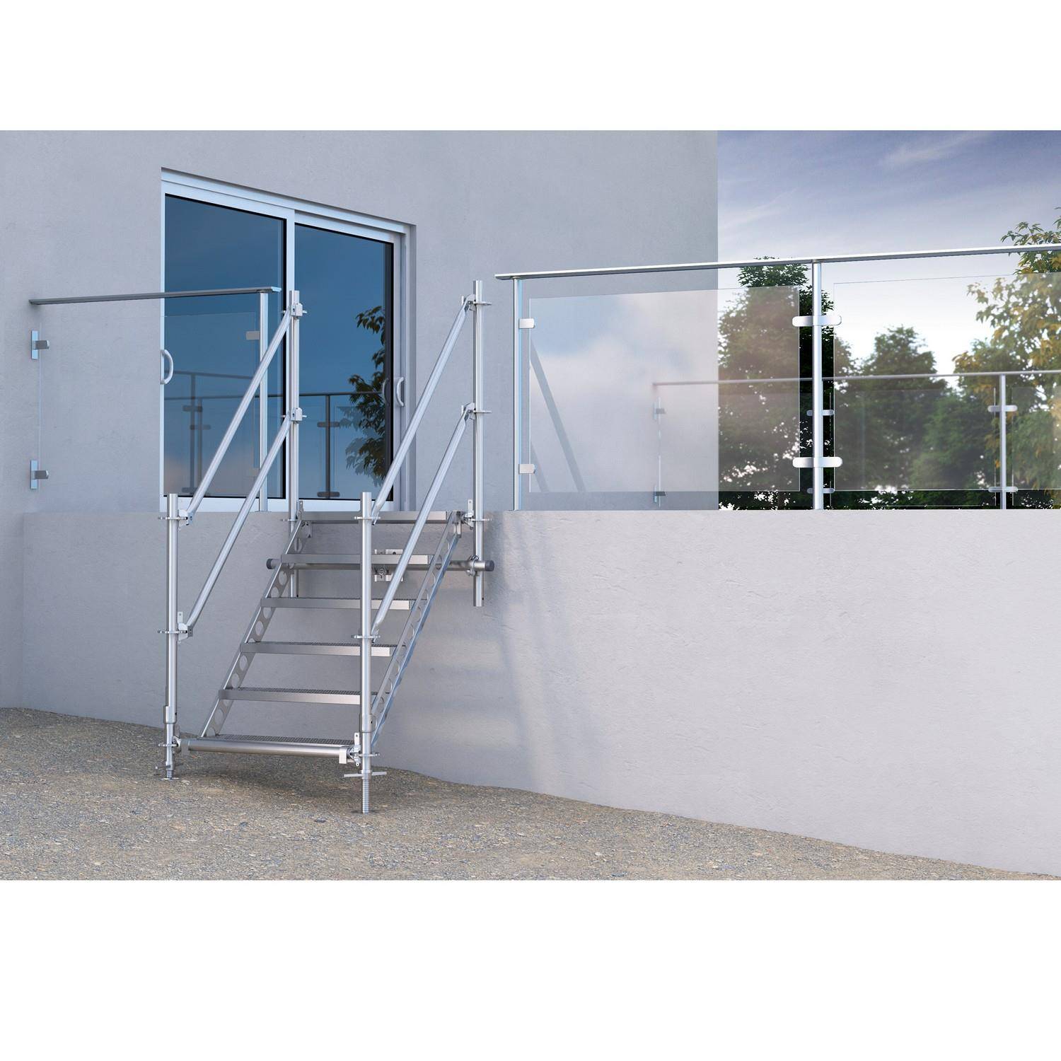 Bautreppe Außentreppe feuerverzinkt für 1 m Höhenunterschied mit Wandbefestigung
