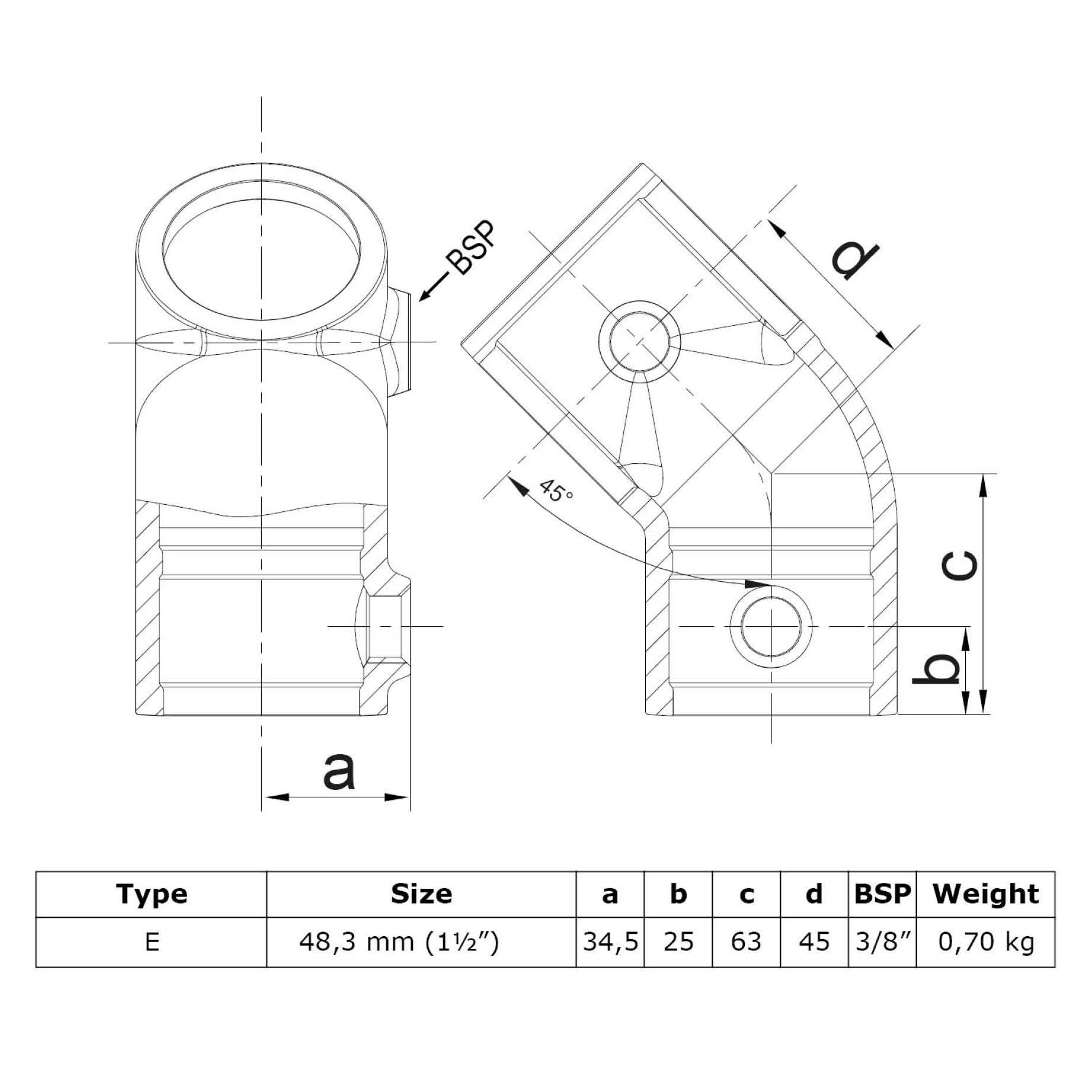 Typ_3 Rohrverbinder T-Stück kurz 45°, Ø 48,3 mm