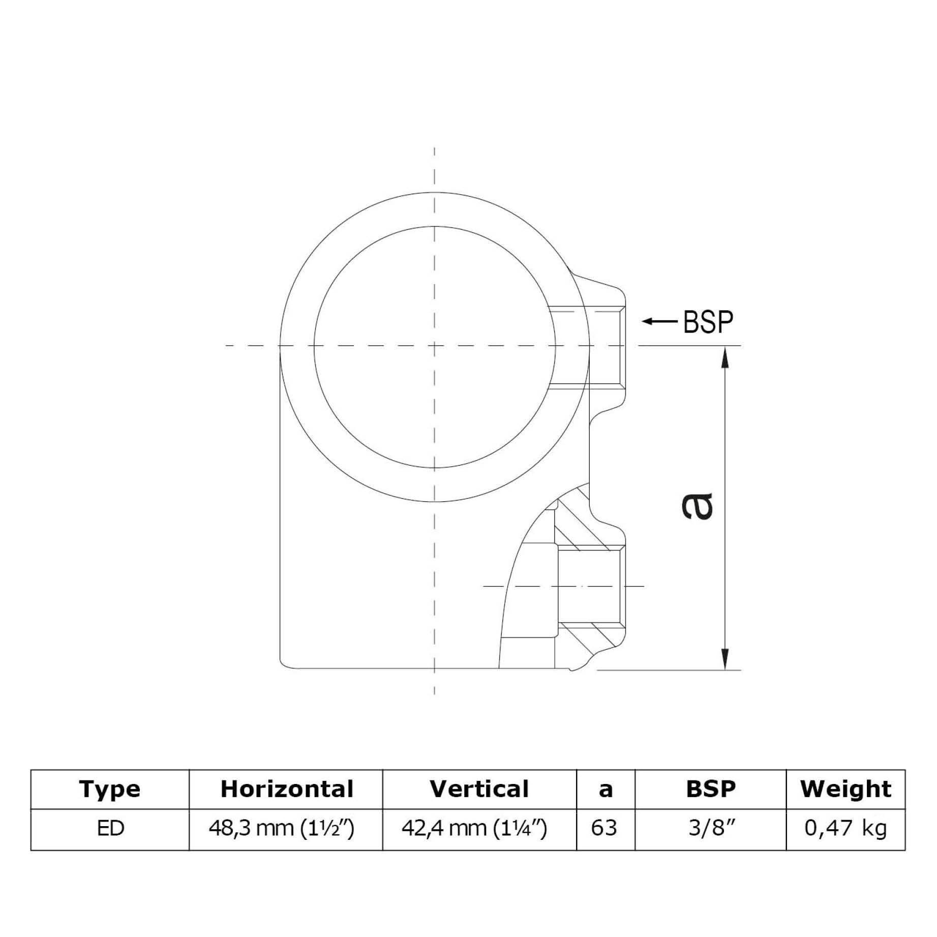 Typ_2V, Rohrverbinder T-Stück kurz Ø 48,3 mm hor. Ø 42,4 vert.