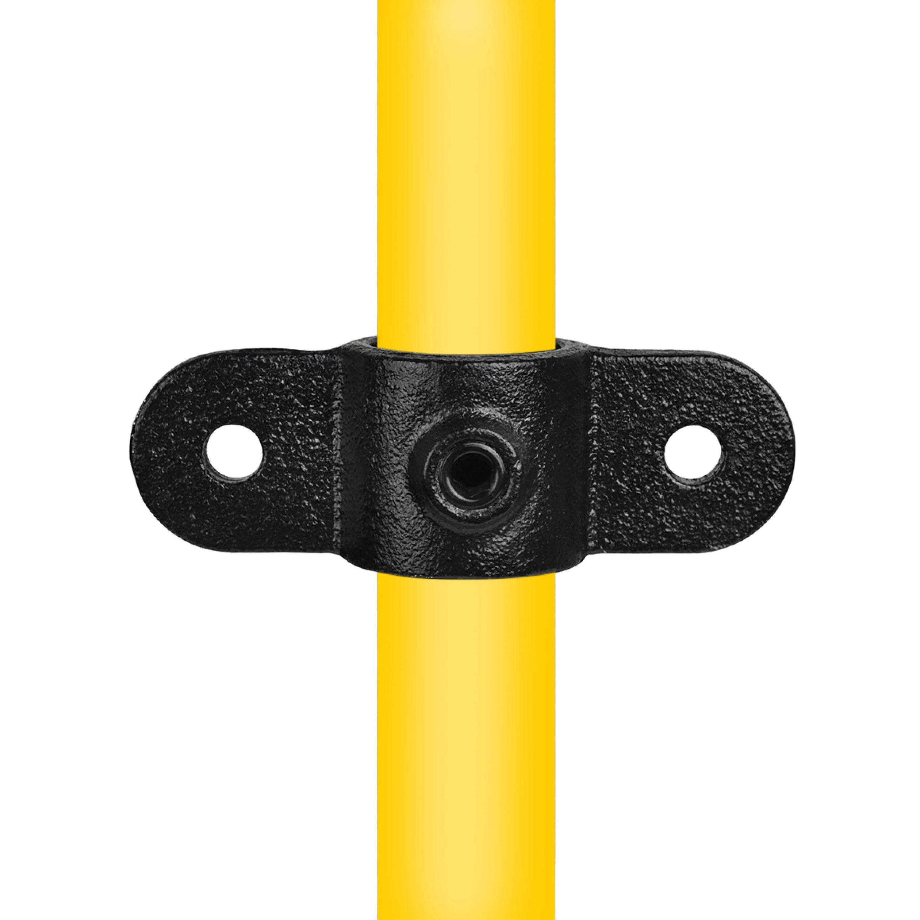 Eine gelbe Röhre wird von einer schwarzen Flanschklammer mit zwei Bohrungen zur sicheren Montage oder Montierung gehalten.
