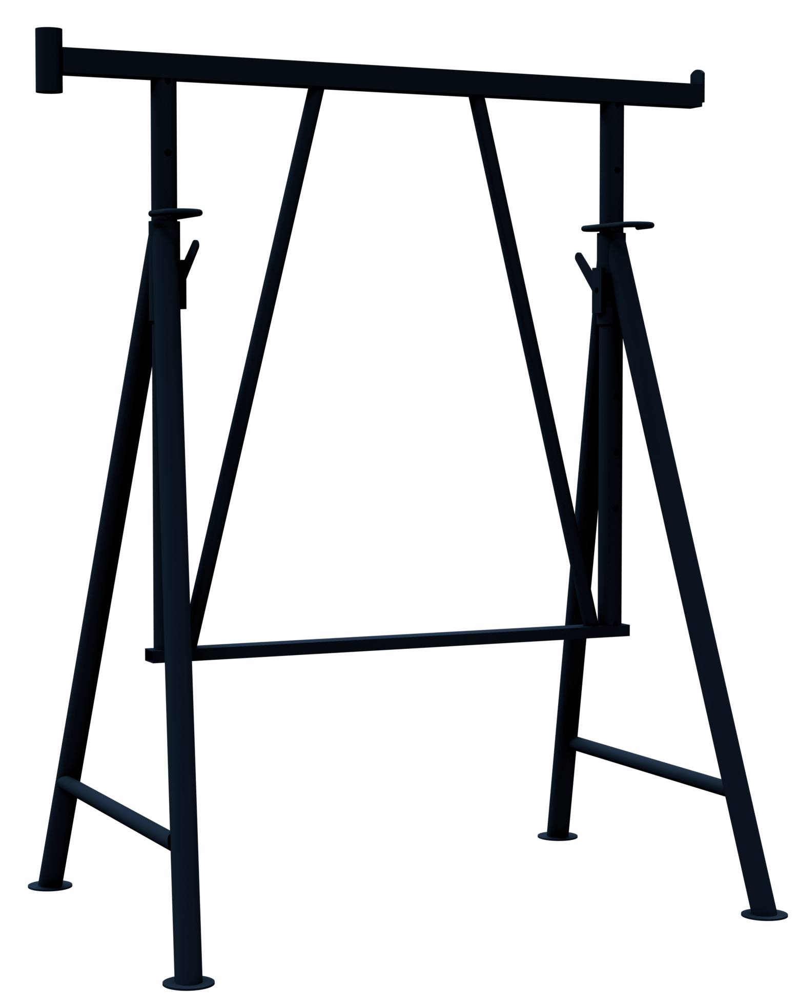 Dunkles Metall-Schaukelgestell in A-Form ohne Sitz, vor schwarzem Hintergrund abgebildet.