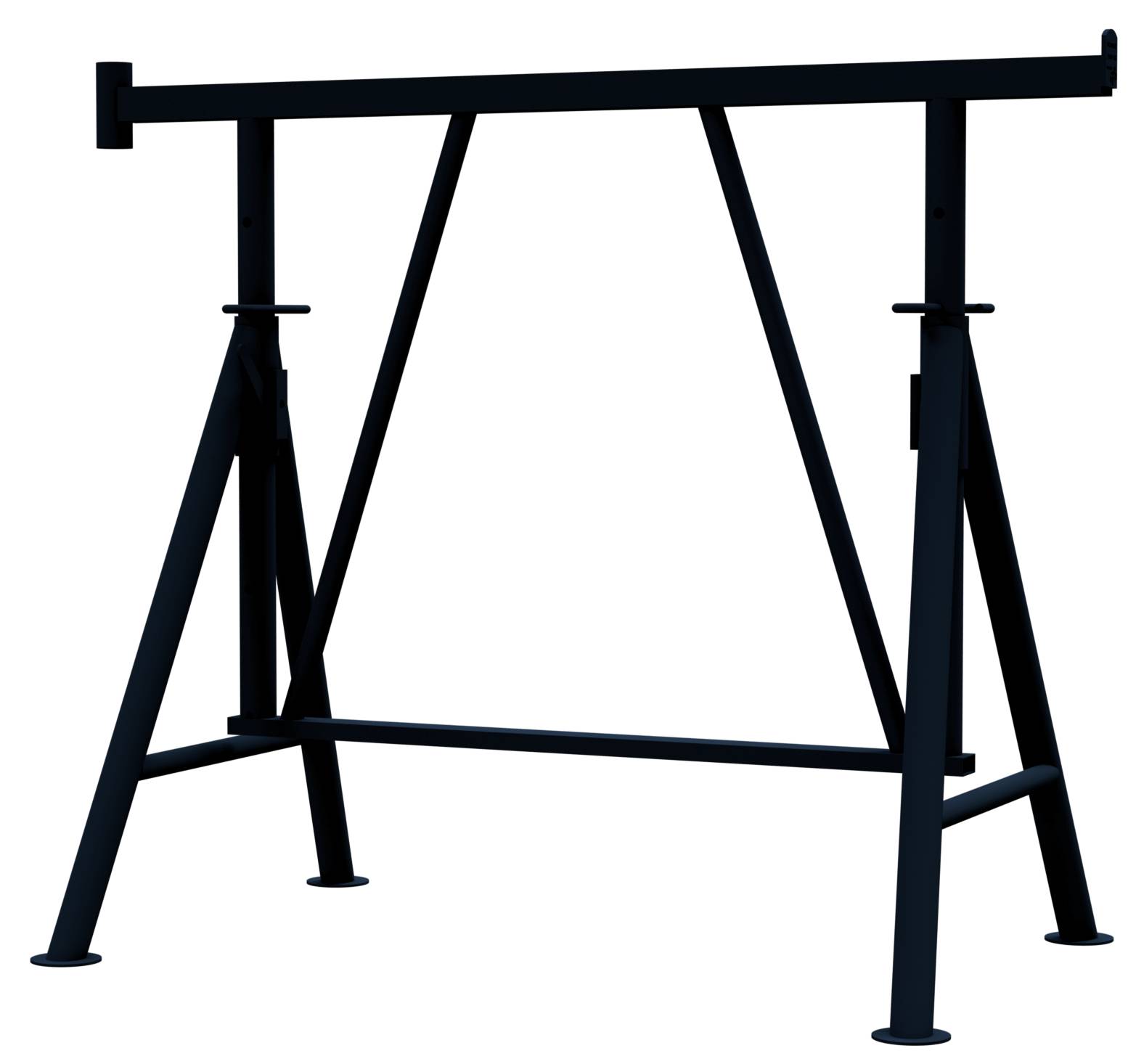Dunkler Metalltisch oder Ständerrahmen mit vier angewinkelten Beinen und einer oberen Querstrebe, isoliert auf schwarzem Hintergrund.
