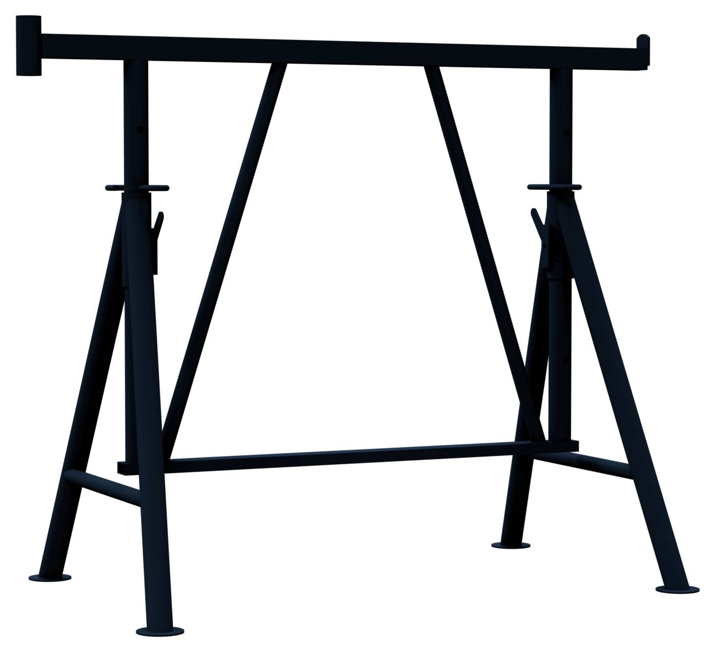 Dunkle Metalltischschale mit vier schrägen Beinen und Querstreben auf schwarzem Hintergrund.