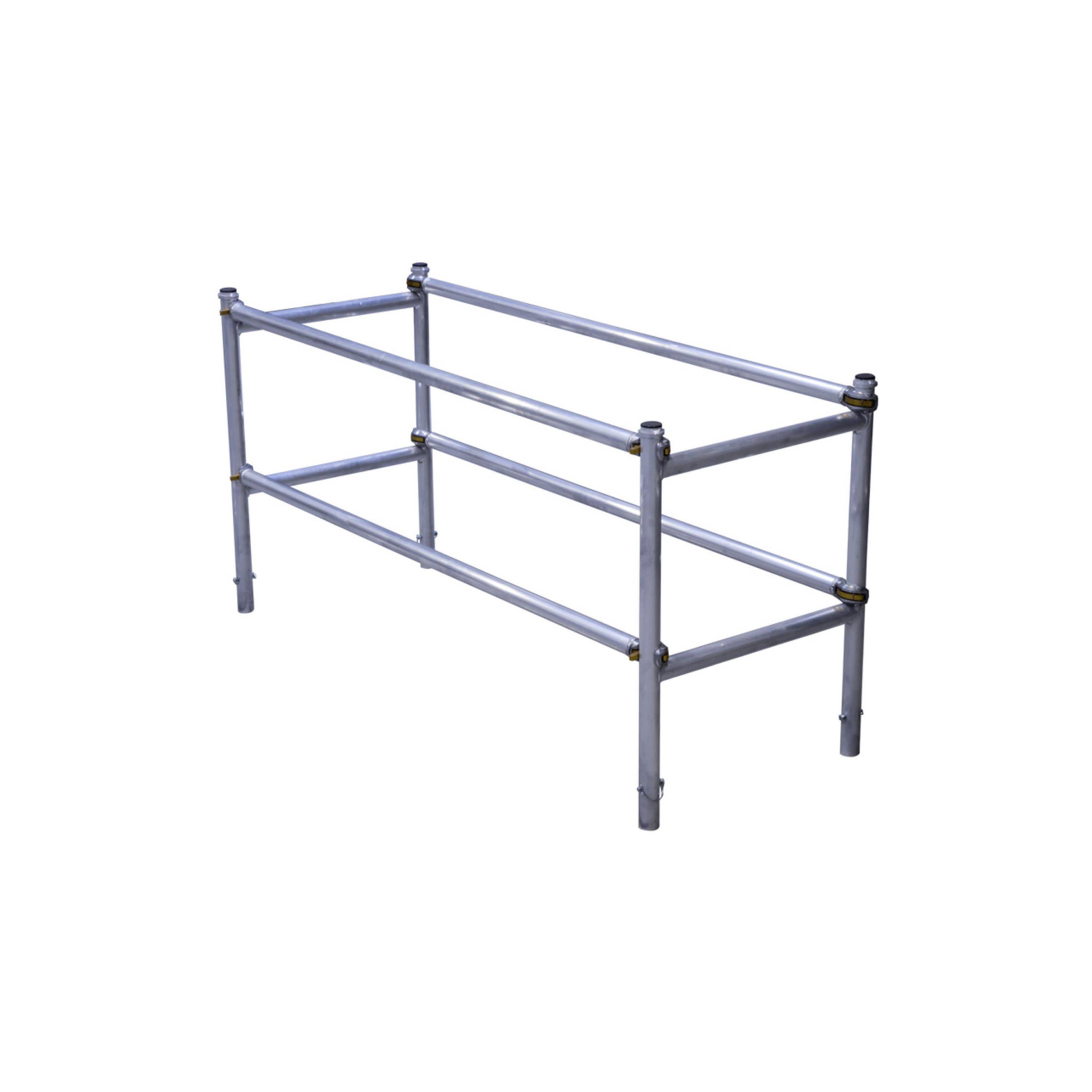 Ein Metallrohrhalter mit vier vertikalen Beinen und zwei horizontalen Streben, konzipiert zum Halten und Stabilisieren von Rohren oder Schläuchen.