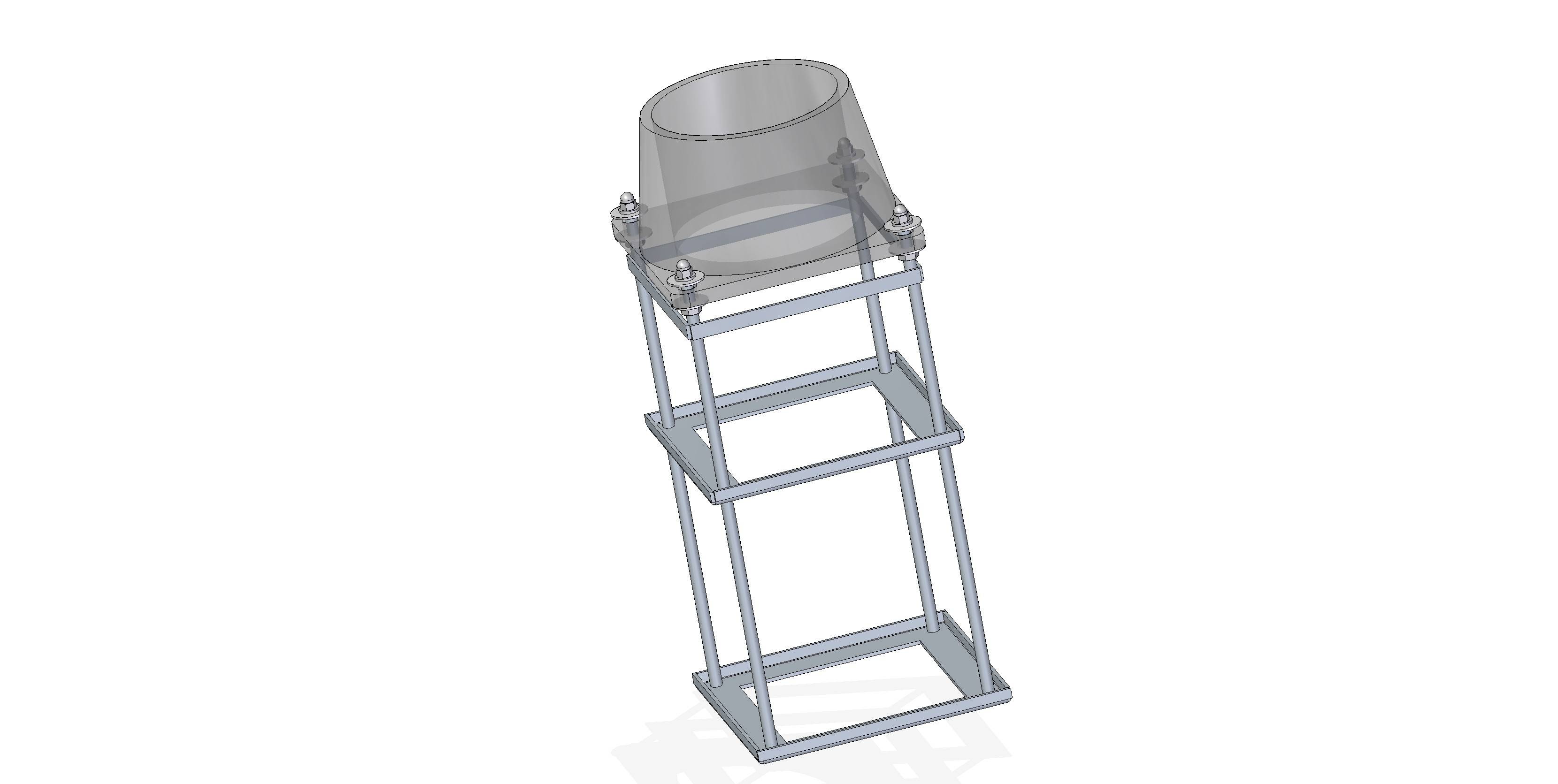 3D-CAD-Rendering eines Metallrahmenstanders mit einer geneigten oberen Zylindermontierung und rechteckiger Stützbasis, dargestellt in Perspektive auf weißem Hintergrund