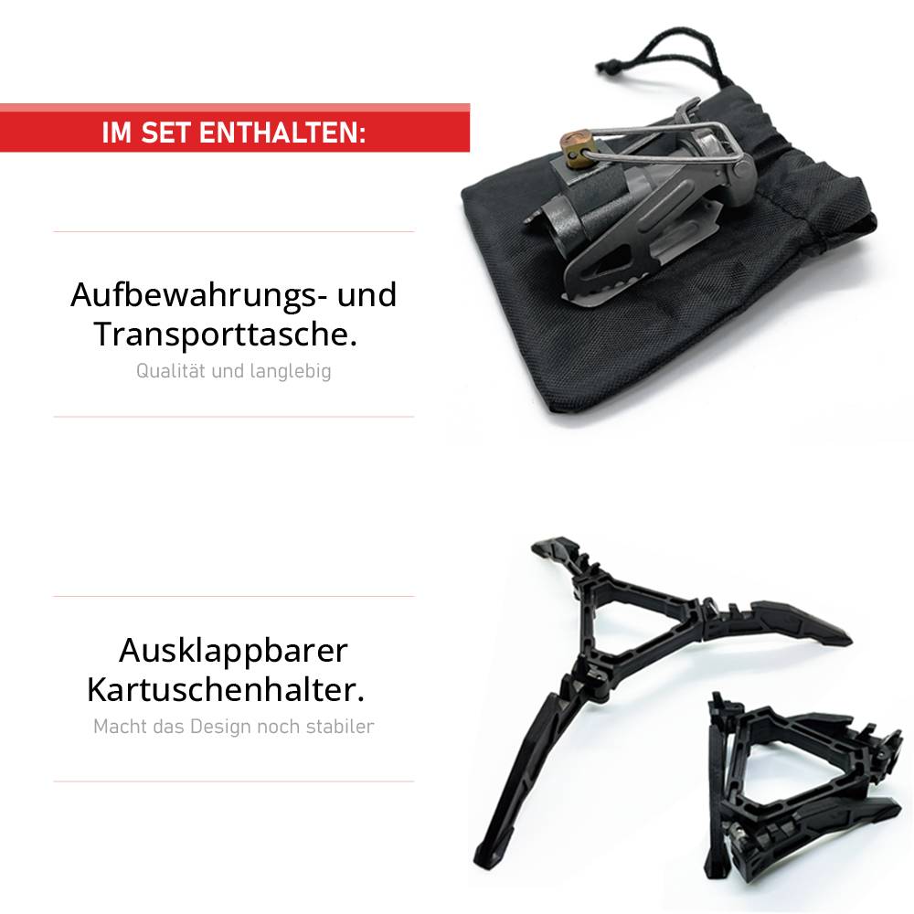 EVOCAMP Camping Gaskocher 1.8 kW, Titan-Gehäuse, für schraubbare Gaskartuschen