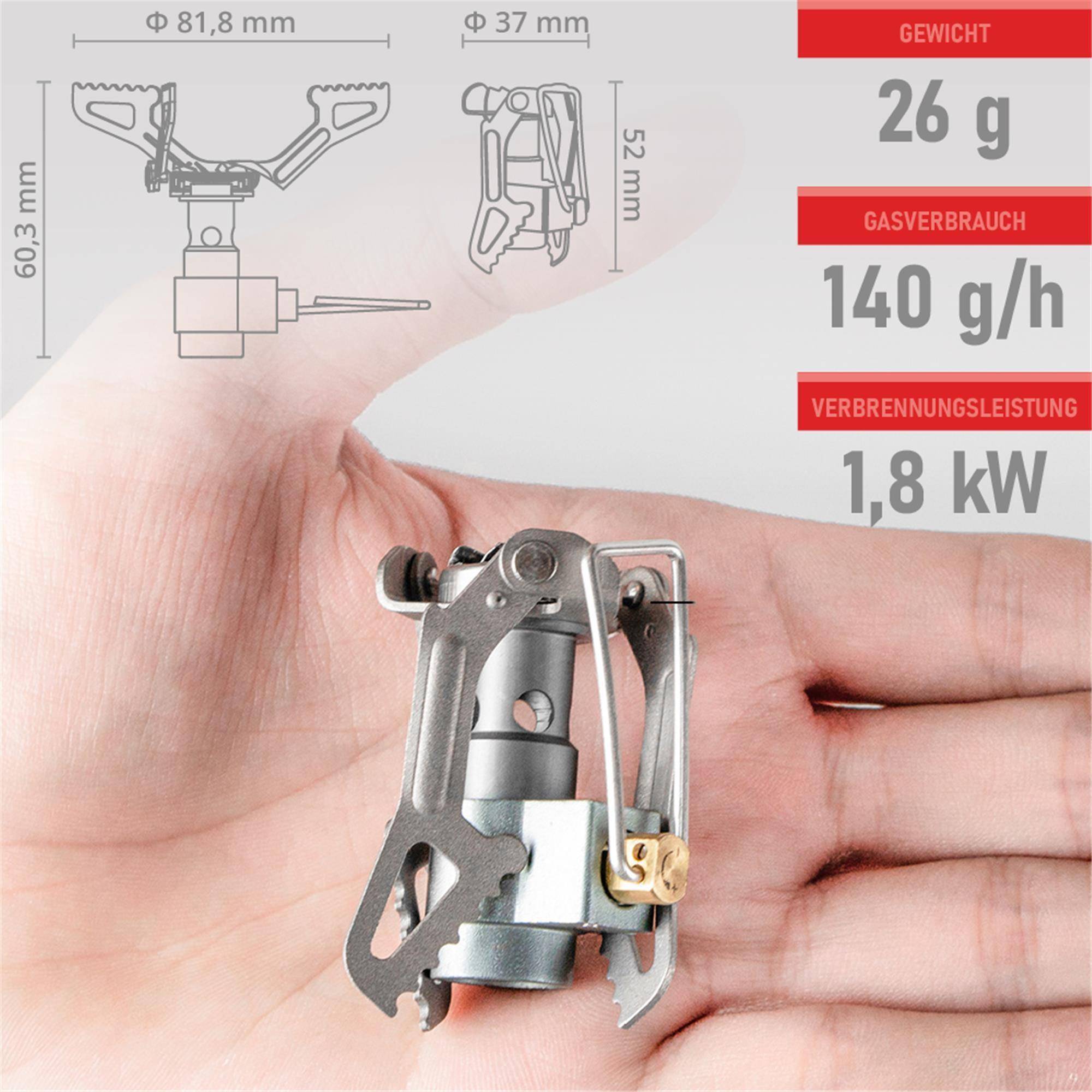 EVOCAMP Camping Gaskocher 1.8 kW, Titan-Gehäuse, für schraubbare Gaskartuschen