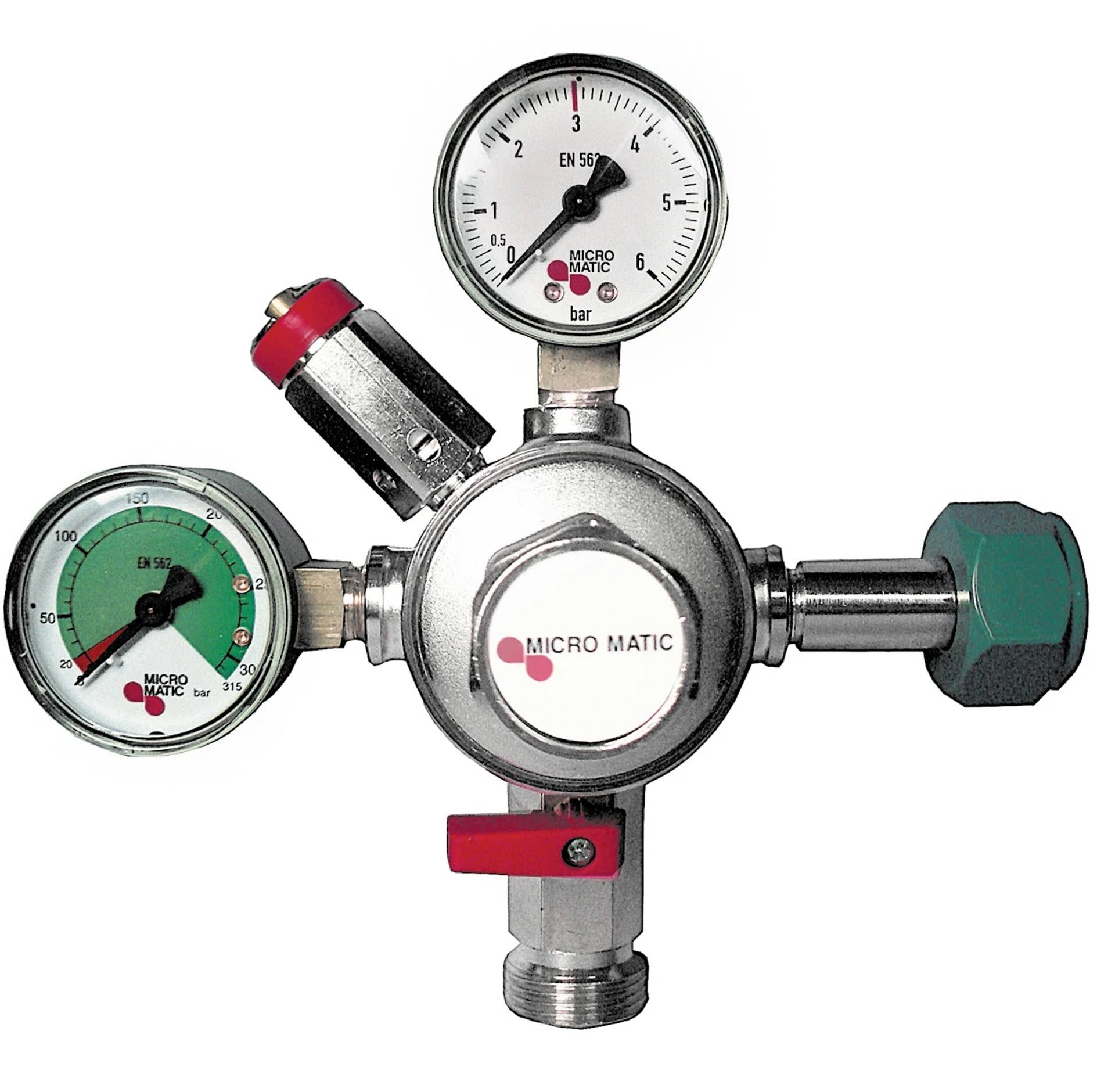 Druckregler mit zwei Manometern und angeschlossenen Verbindungsstücken, der eine Micro Matic Gasregelventilanlage zeigt