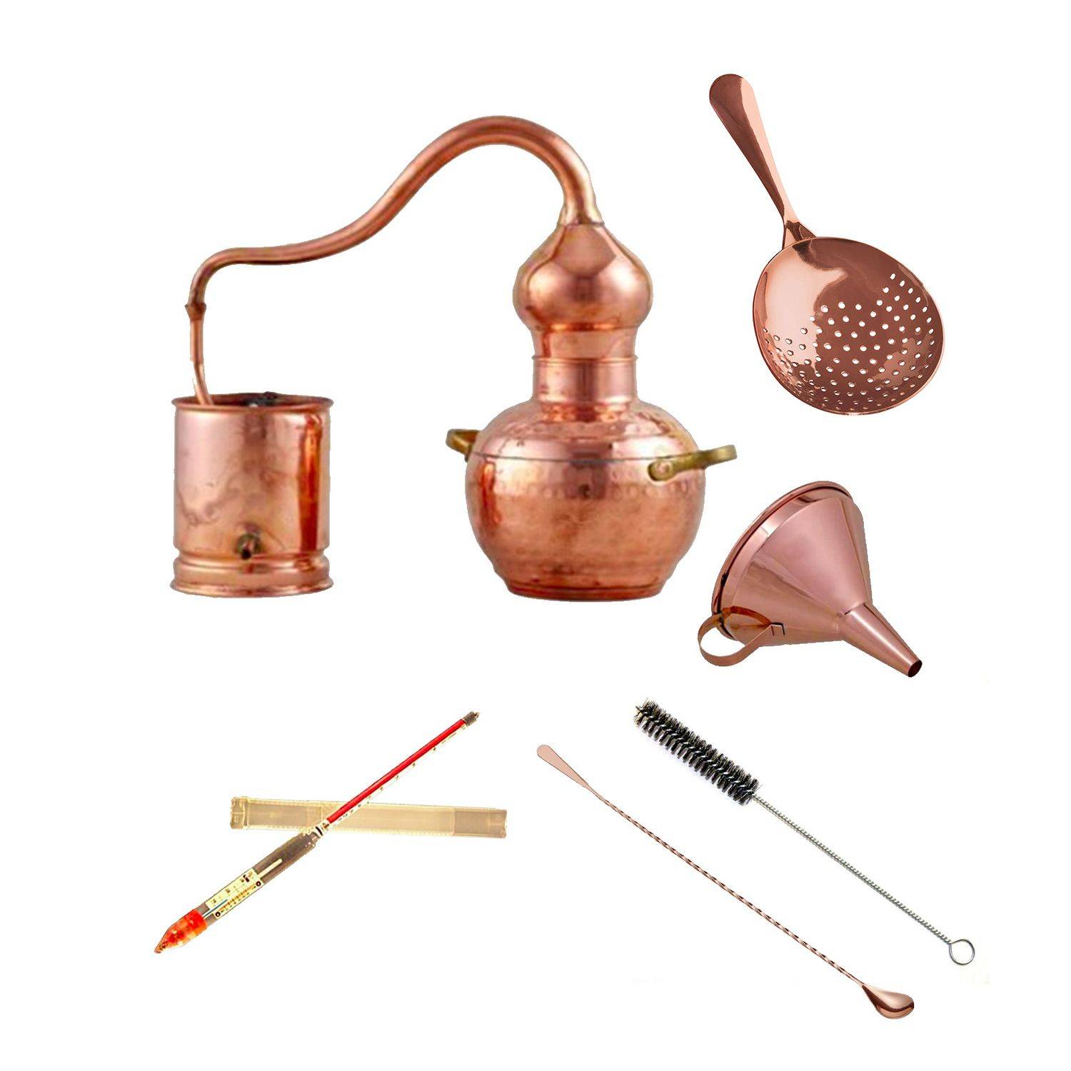 Destille Komplettset - Destille alembic 2 Liter Kupfer mit Sieb und Barlöffel
