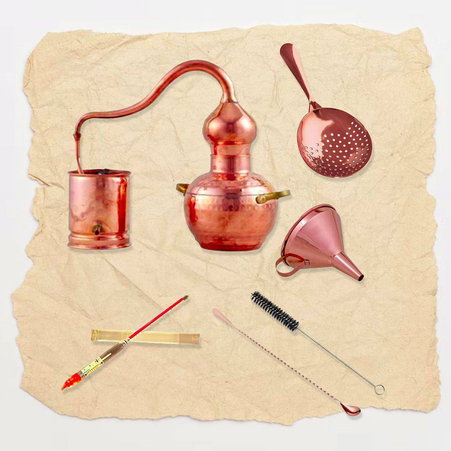 Destille Komplettset - Destille alembic 2 Liter Kupfer mit Sieb und Barlöffel