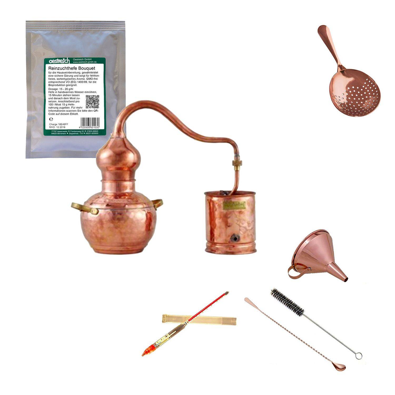 Destille Komplettset - Destille Alembic premium 1 Liter Kupfer mit Reinzuchthefe