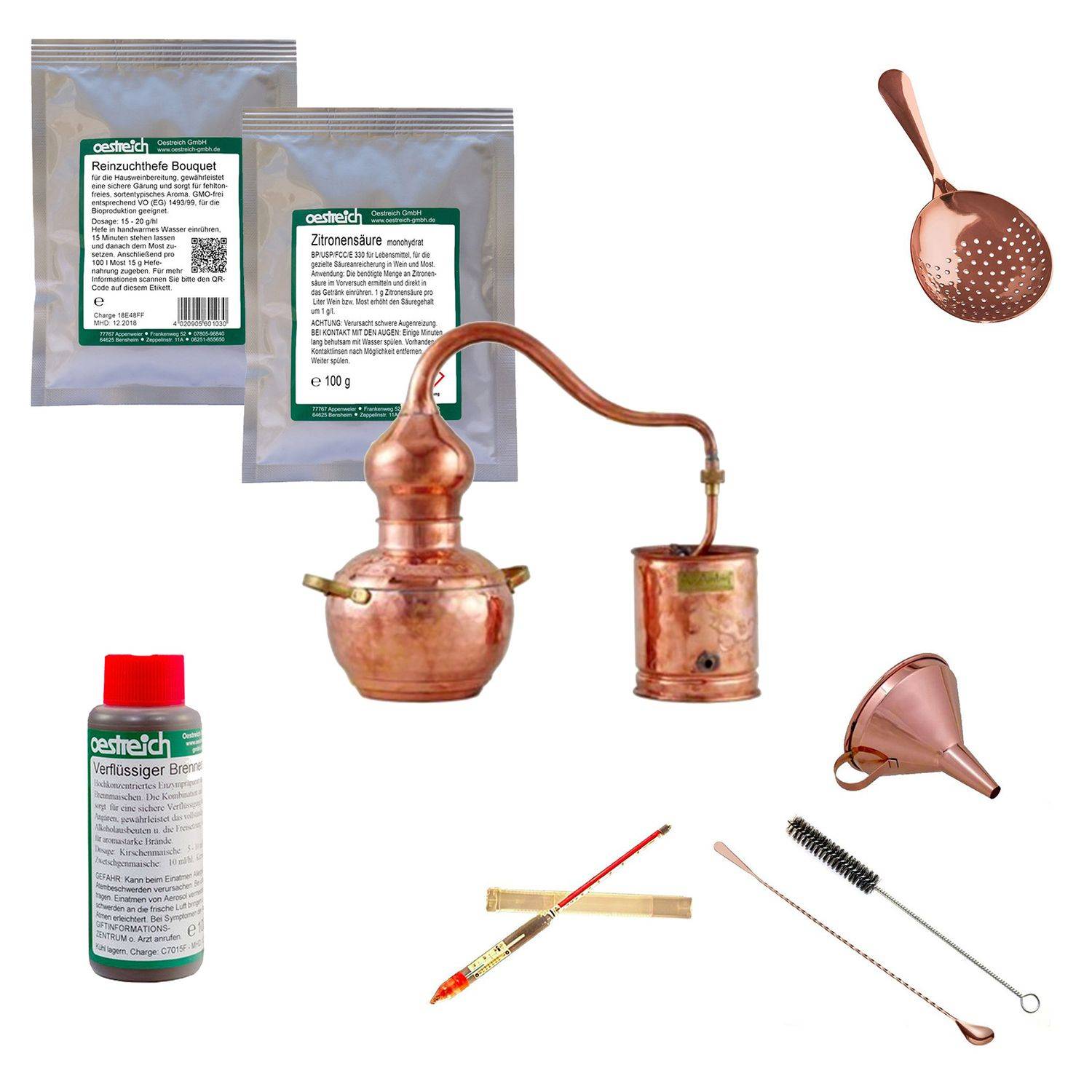 Destille Komplettset - Destille Alembic premium 1 Liter Kupfer mit Zubehör und Gärhilfsmittel
