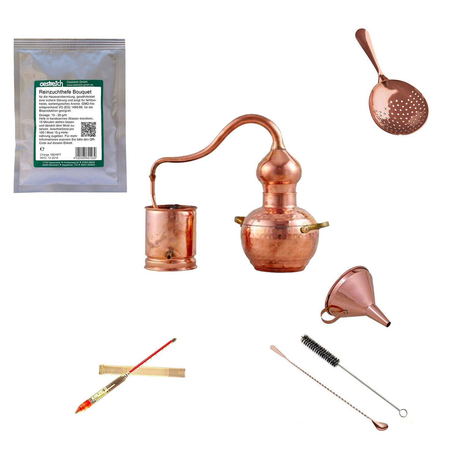 Destille Komplettset - Destille alembic 2 Liter Kupfer mit Reinzuchthefe