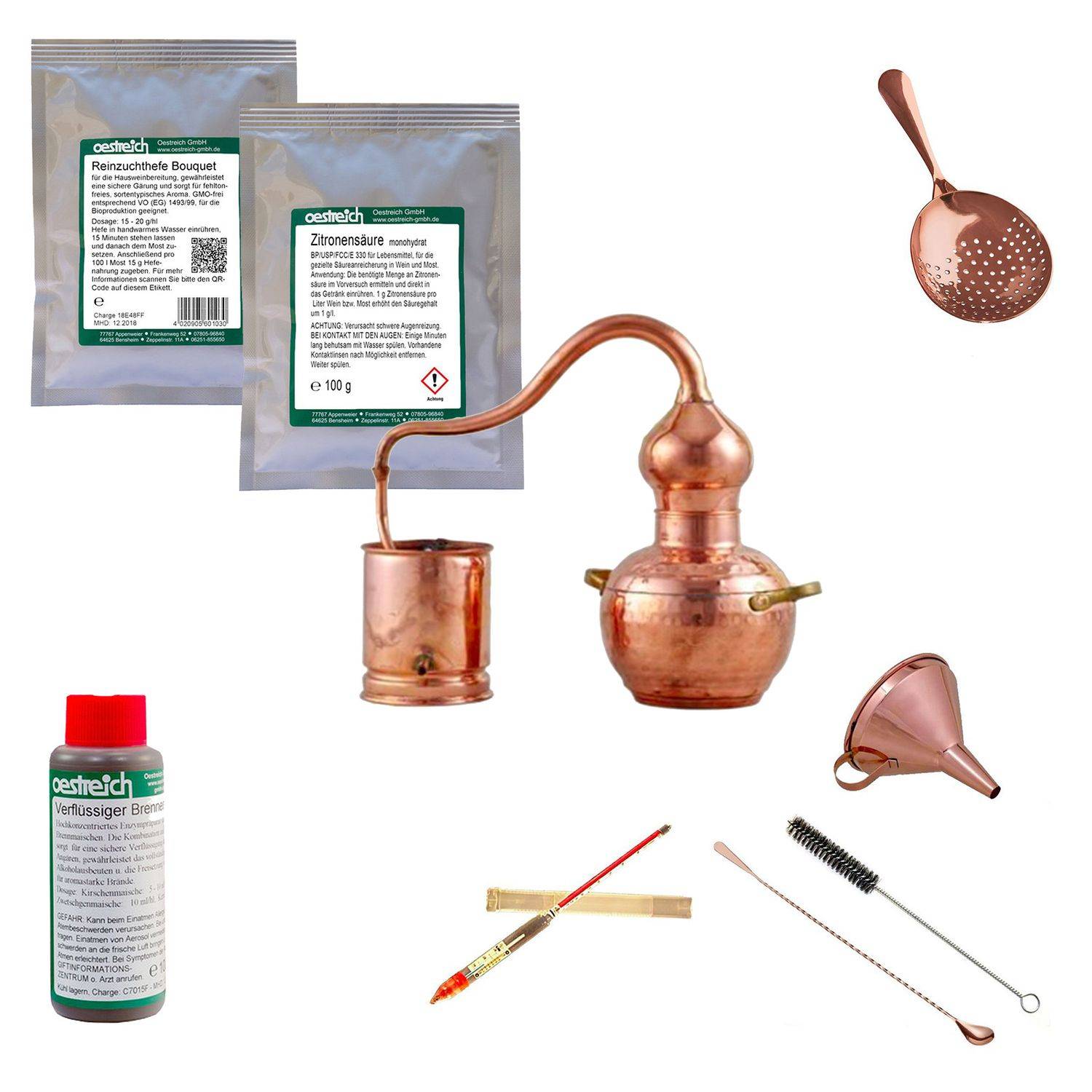 Komplettset - Destille alembic 2 Liter Kupfer mit Zubehör und Gärhilfsmittel