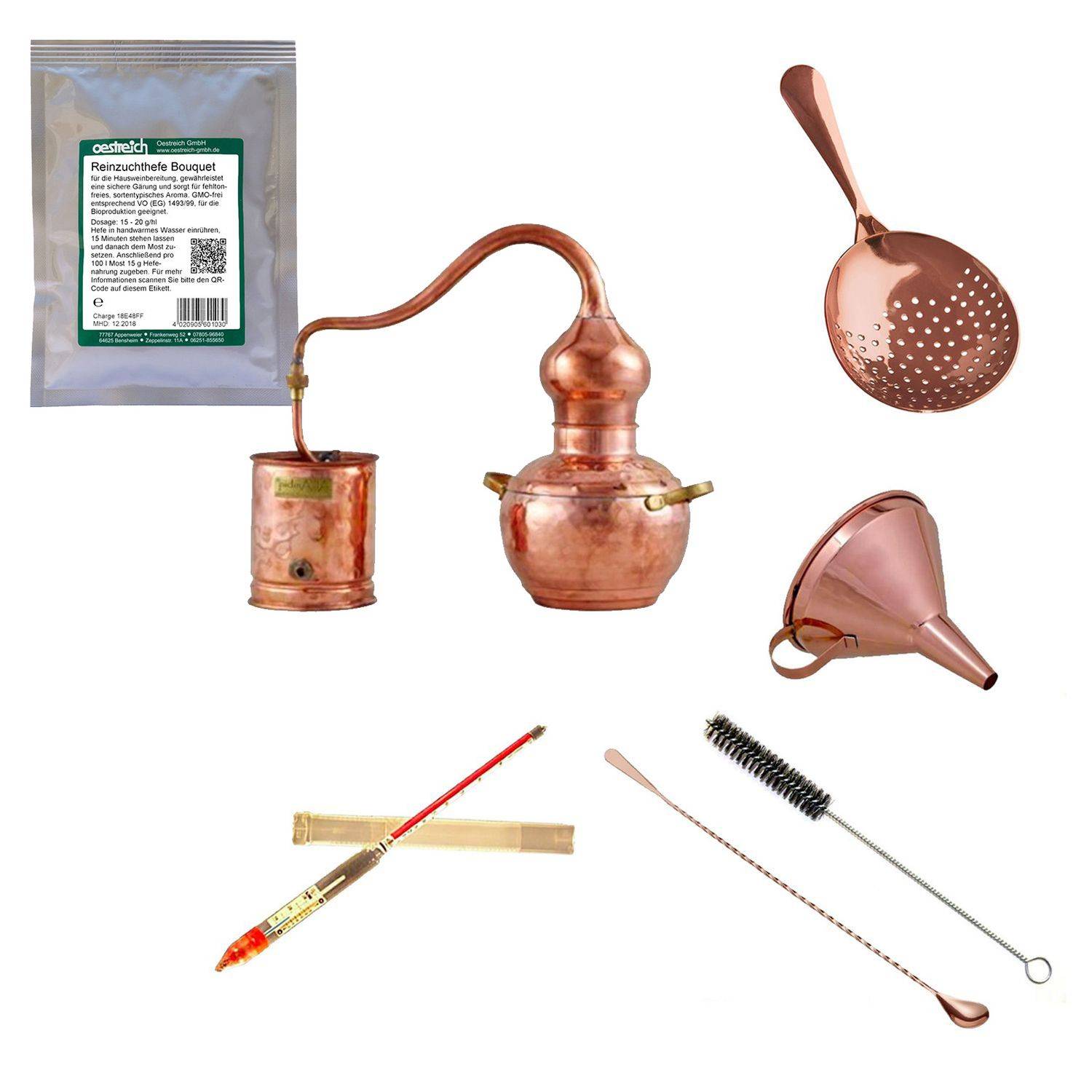 Destille Komplettset - Destille Alembic premium 2 Liter Kupfer mit Reinzuchthefe