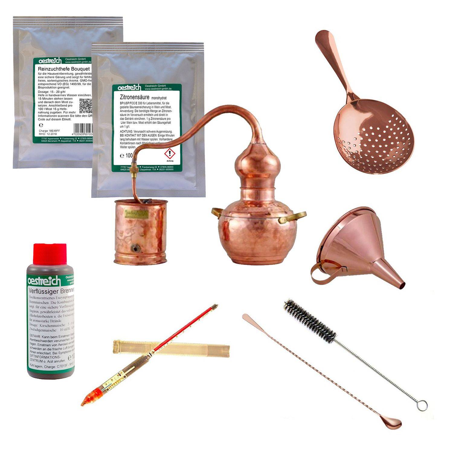 Destille Komplettset - Destille Alembic premium 2 Liter Kupfer mit Zubehör und Gärhilfsmittel