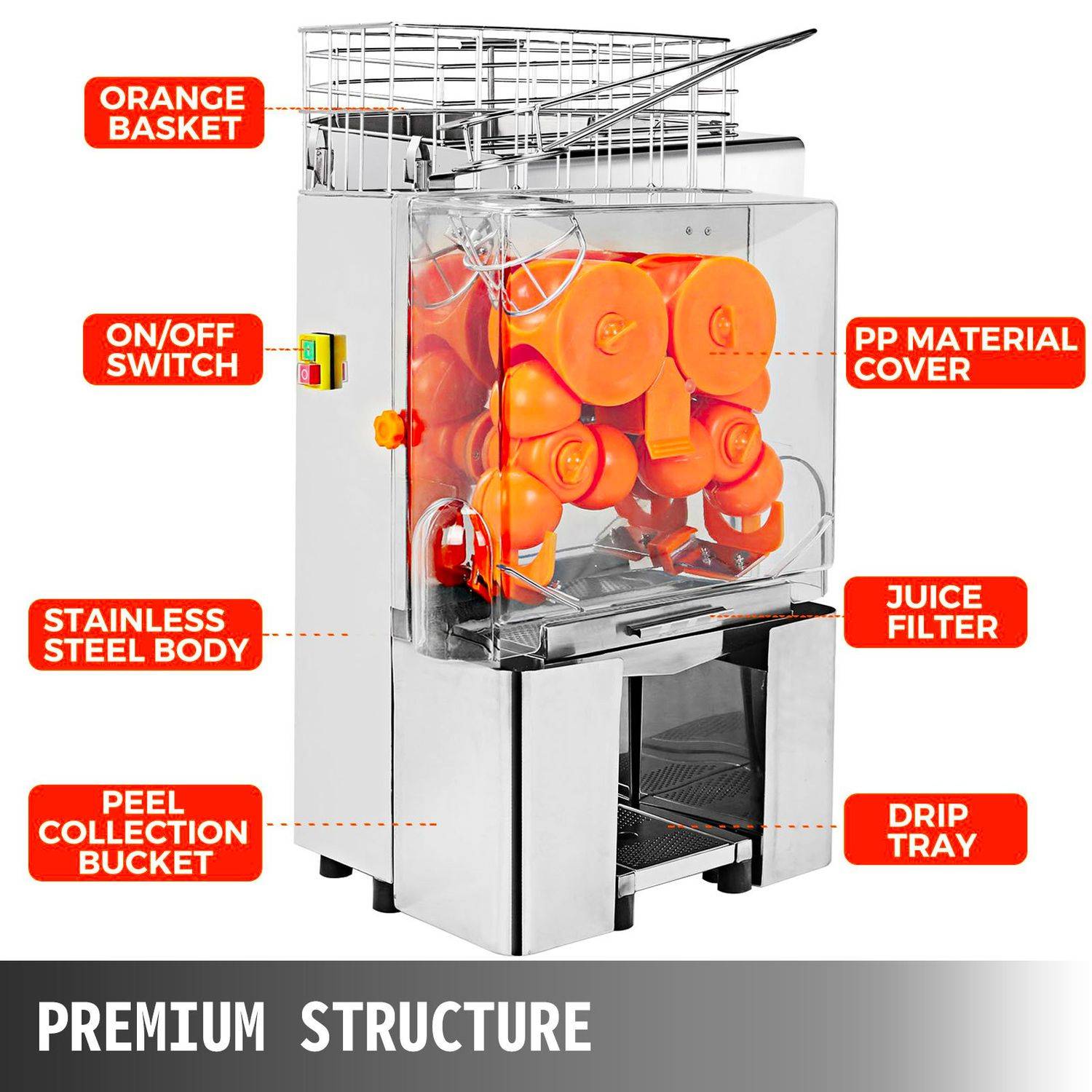Orangenpresse, Zitruspresse - 120W, kommerziell, Edelstahl