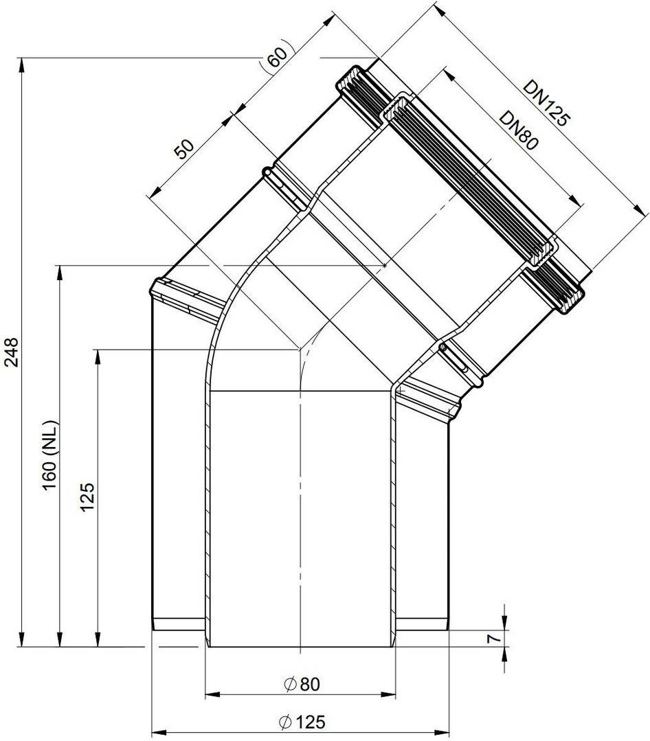 Technische Zeichnung eines abgewinkelten Rohrbogenadapters mit gekennzeichneten Abmessungen DN80, DN125, Ø80, Ø125, 248, 160, 125, 60, 50 und 7.