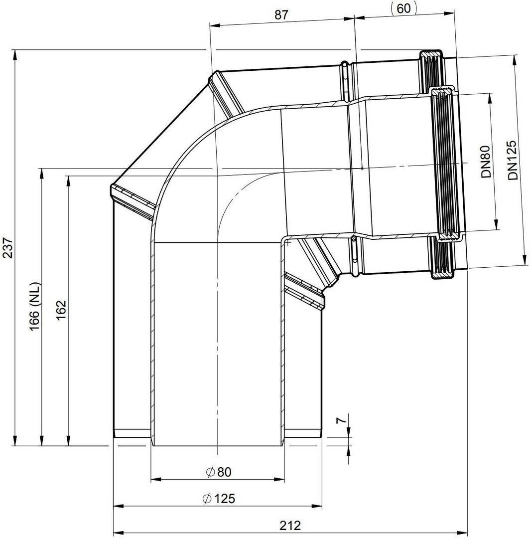 Technische Zeichnung einer 90-Grad-Bogenfitting mit beschrifteten Abmessungen, einschließlich DN80/DN125, Durchmesser 80/125, und Gesamtlängen 212 und 237.