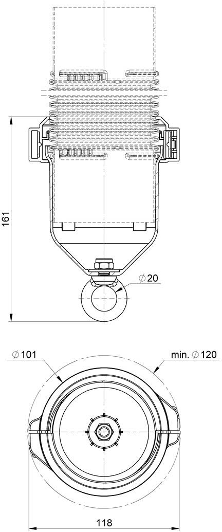 Technische Zeichnung eines zylindrischen mechanischen Verbinders oder Verschraubung, dargestellt in Seiten- und Vorderansicht mit Abmessungen 161 mm Höhe, 118 mm Breite, Ø101, Ø20, und minimal Ø120.