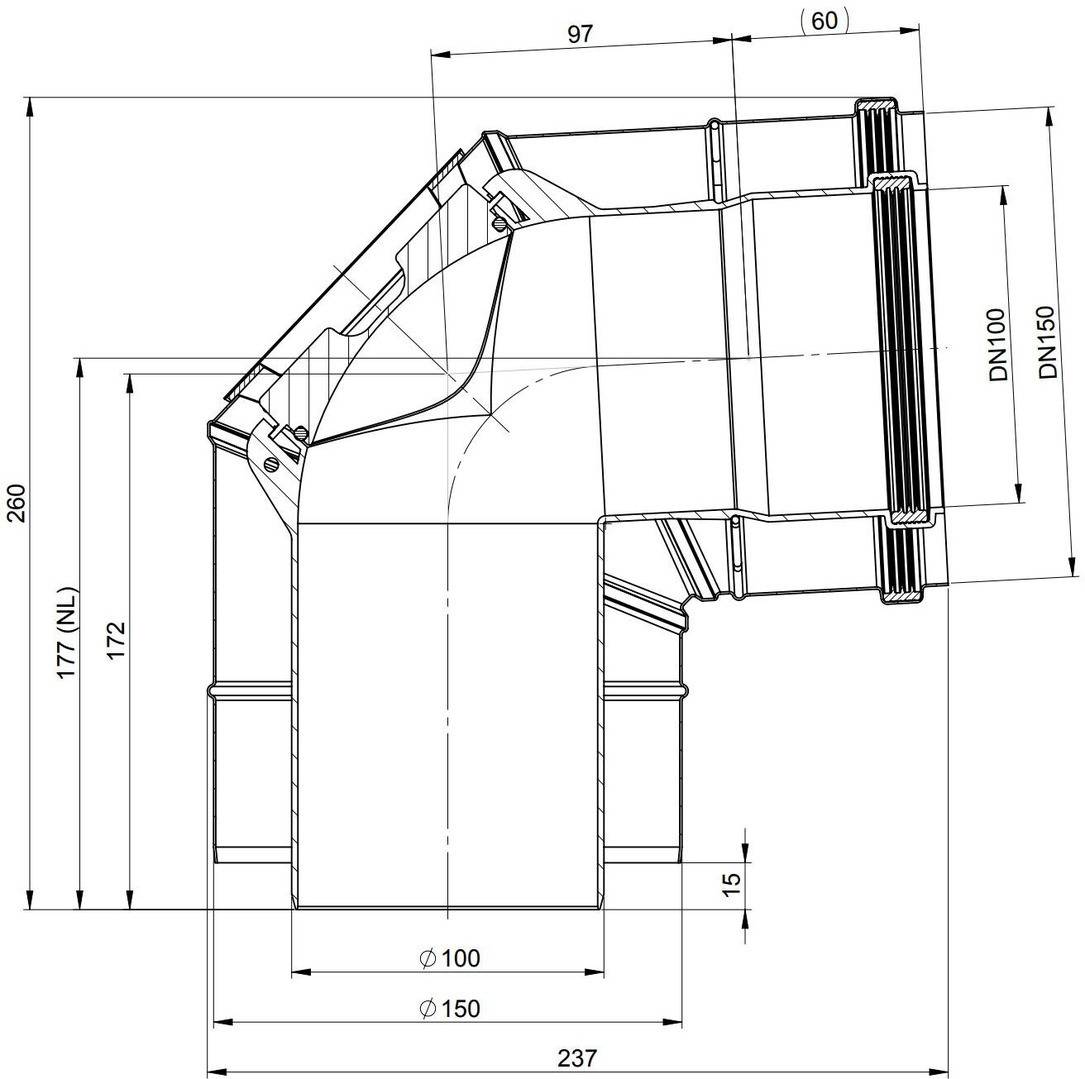 Technische Linienzeichnung einer 45-Grad-Rohrbogenfitting mit Maßen in Millimetern, einschließlich der Durchmesser DN100 und DN150 sowie der Gesamtlänge 237.