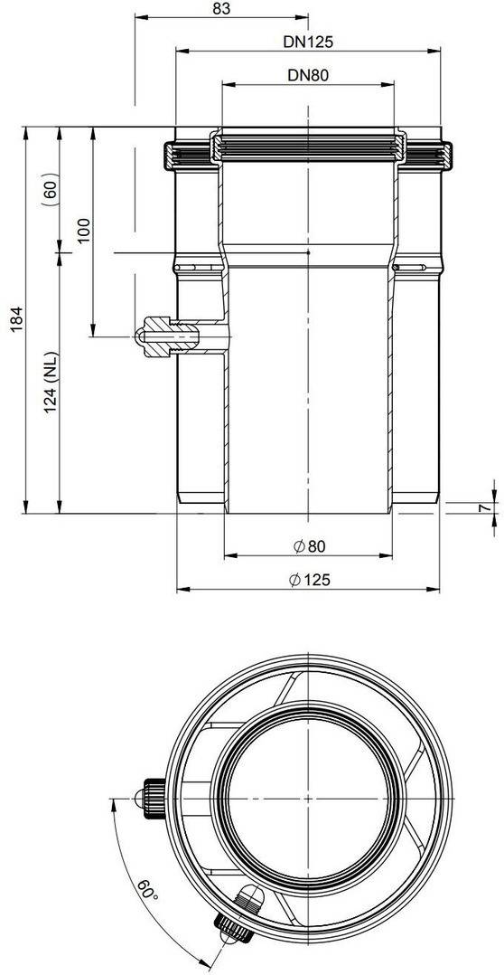 Technische Zeichnung eines zylindrischen mechanischen Verbinders, dargestellt in Vorder- und Draufsicht mit den Abmessungen DN125, DN80, 124 (NL), 184 und den Durchmessern ø80 und ø125.