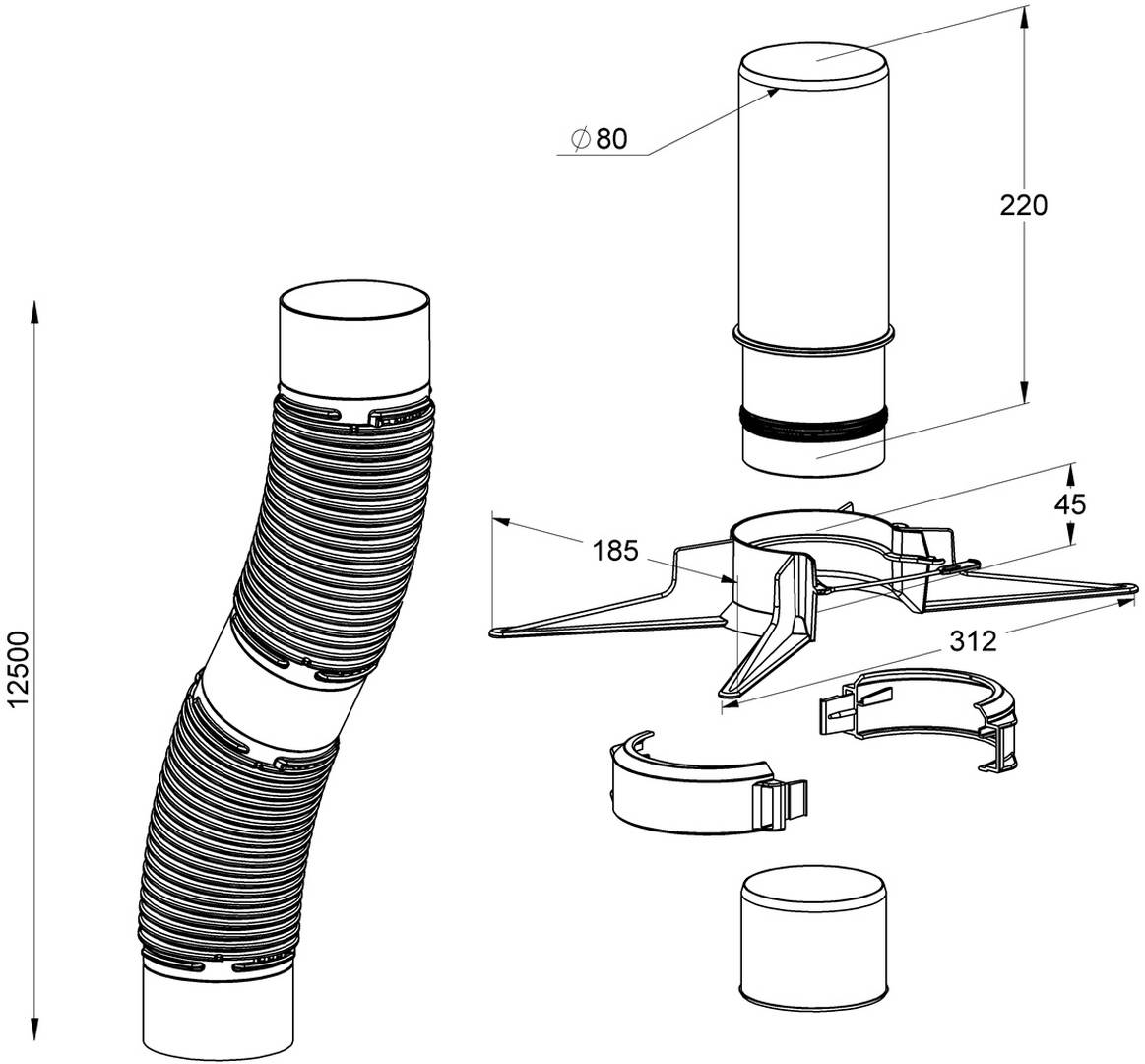 Explodierte technische Zeichnung einer flexiblen Rohrleitung mit Zylinderstutzen, Basisring, Schelle und Befestigungswinkel, mit den Abmessungen 1250, 220, 185, 312, 45 und Ø80.