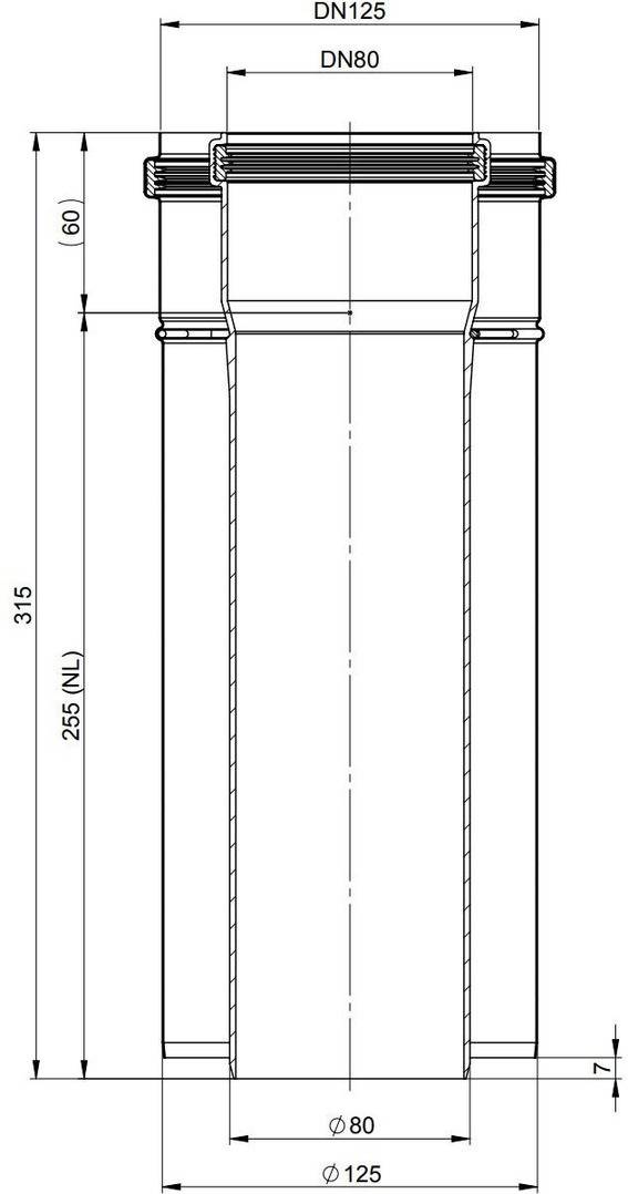 Technische Zeichnung einer zylindrischen Rohrverschraubung mit Oberflansch, mit den Abmessungen DN125 und DN80, Höhe 315, Durchmesser 80 und Basisdurchmesser 125.