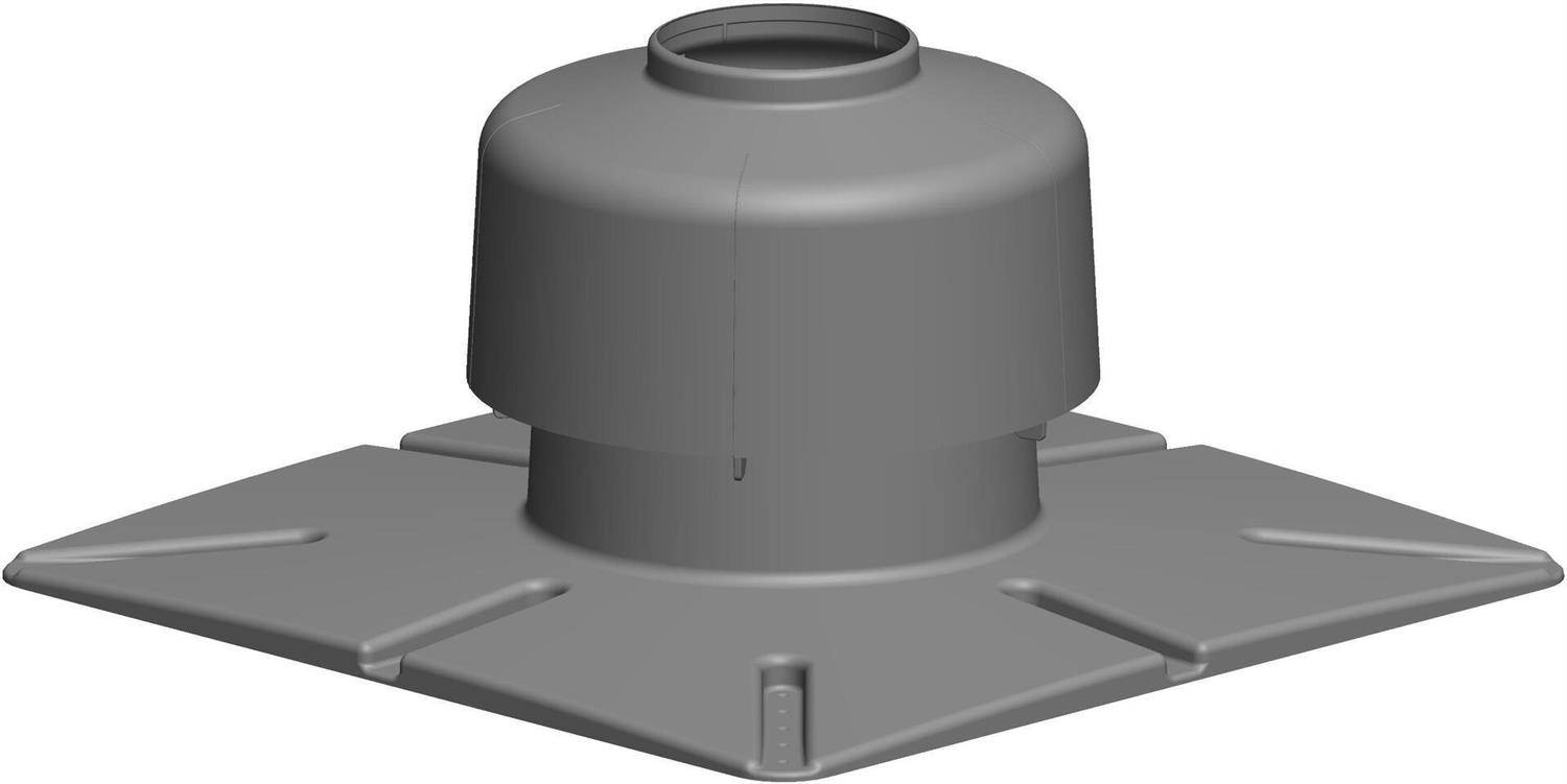 3D-Darstellung einer Dachentlüftungskappe mit rundem Oberteil und quadratischer Basis, dargestellt in Grau auf weißem Hintergrund.
