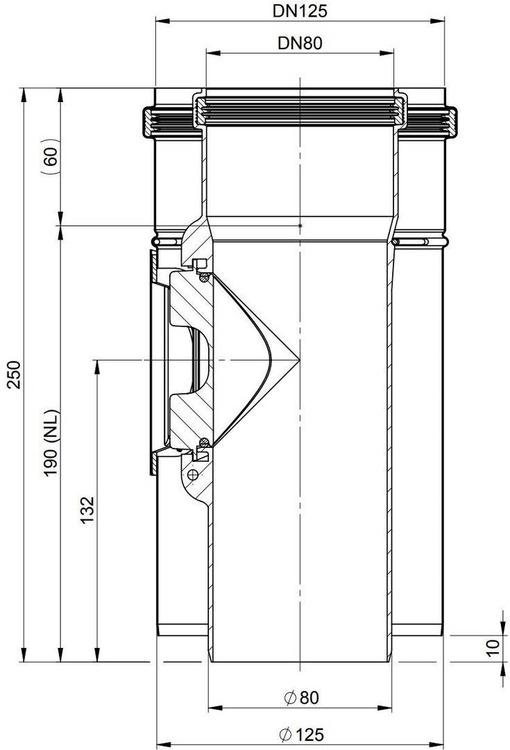 Technische Querschnittszeichnung einer Rohrverbindung oder eines Ventilsteckerverlängerungsadapters mit beschrifteten Abmessungen DN125, DN80, 250, 190, 132, 60, Ø80, Ø125 und 10.