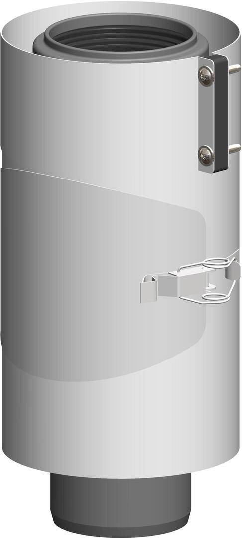 Ein silberner zylindrischer Metallkanalverbinder mit oben liegende Öffnung, seitlicher Verschlussbracket und unterer Grundplatte.