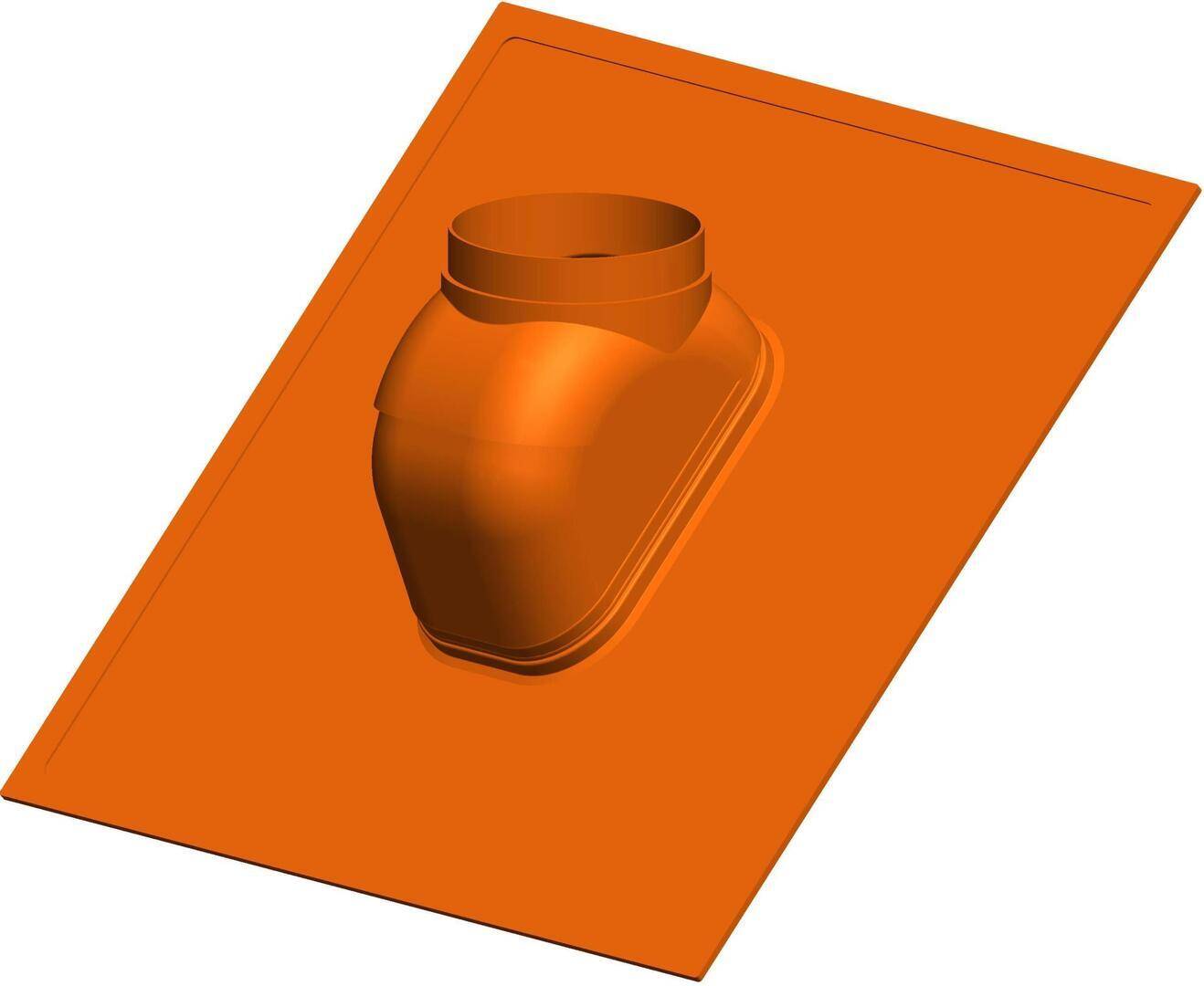 Orange-farbene Dachentlüftungsanschlussleiste mit zylindrischer Rohröffnung in der Mitte eines geneigten Metallblechs.