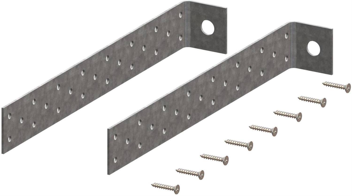 Zwei verzinkte Metallrahmenbefestigungen mit Löchern, dargestellt mit mehreren passenden Schrauben auf weißem Hintergrund.