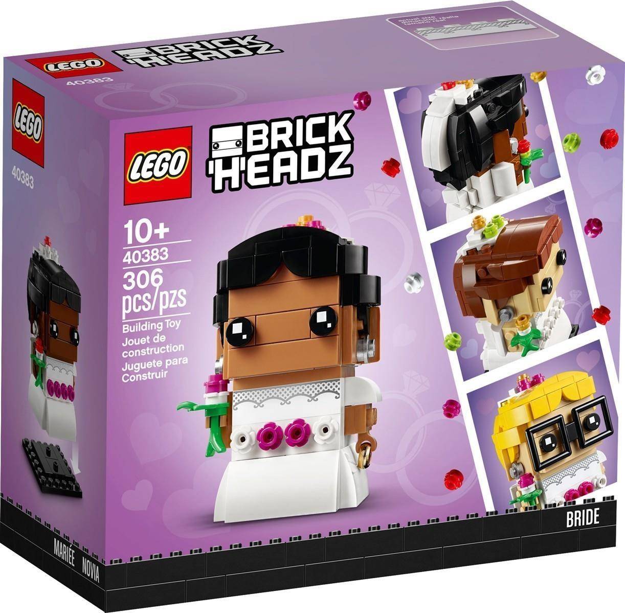 LEGO BrickHeadz Braut Bauset Karton, ab 10 Jahren, 40383, 306 Teile, zeigt eine Brautfigur und alternative Ansichten des Modells.