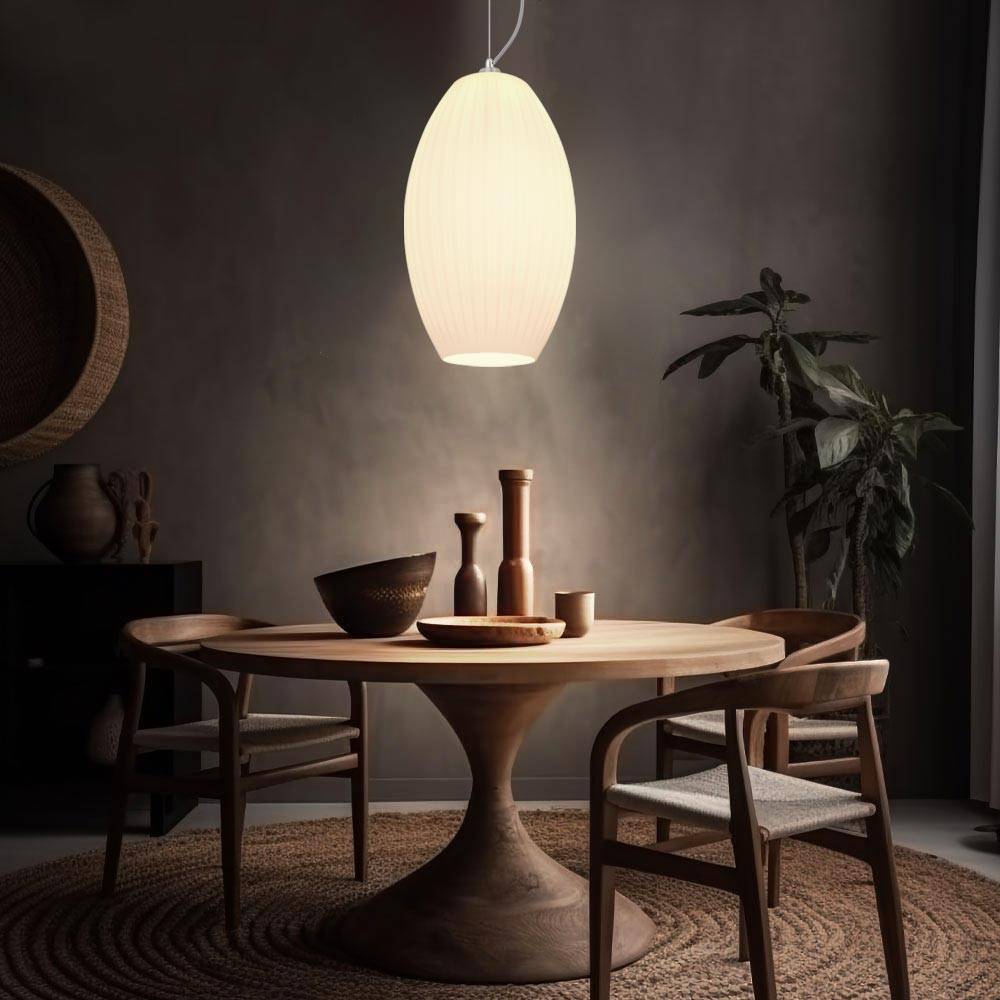 Hängeleuchte Pendellampe Pendelleuchte Glasschirm opal Schirmleuchte Esszimmerlampe Küche, Metall Glas gestreift weiß opal nickel matt, 1x E27 Fass