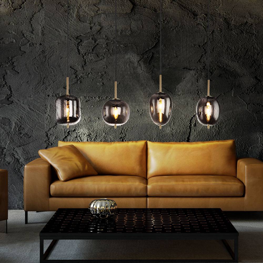 Pendelleuchte schwarz Glas Pendelleuchte Esszimmerlampe Hängeleuchte, 4 Flammig, Metall messing Glas rauchig, 4x E14 Fassungen, LxBxH 110x18,5x120cm