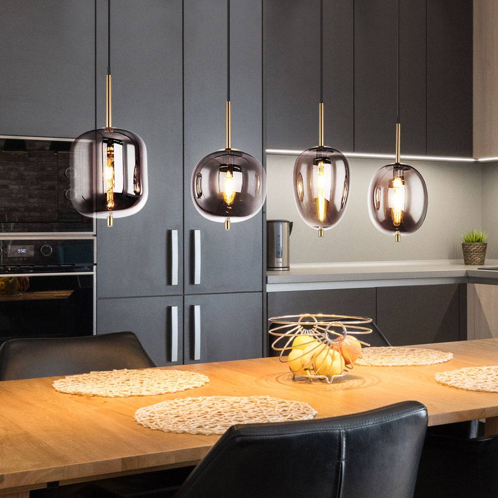 Pendelleuchte schwarz Glas Pendelleuchte Esszimmerlampe Hängeleuchte, 4 Flammig, Metall messing Glas rauchig, 4x E14 Fassungen, LxBxH 110x18,5x120cm