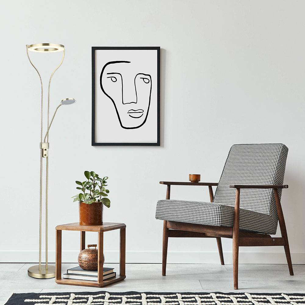 Stehleuchte Stehlampe Deckenfluter Wohnzimmerleuchte Schlafzimmerlampe, dimmbar, flexibler Lesespot, messingfarben matt satiniert, LED 20W 1800Lm